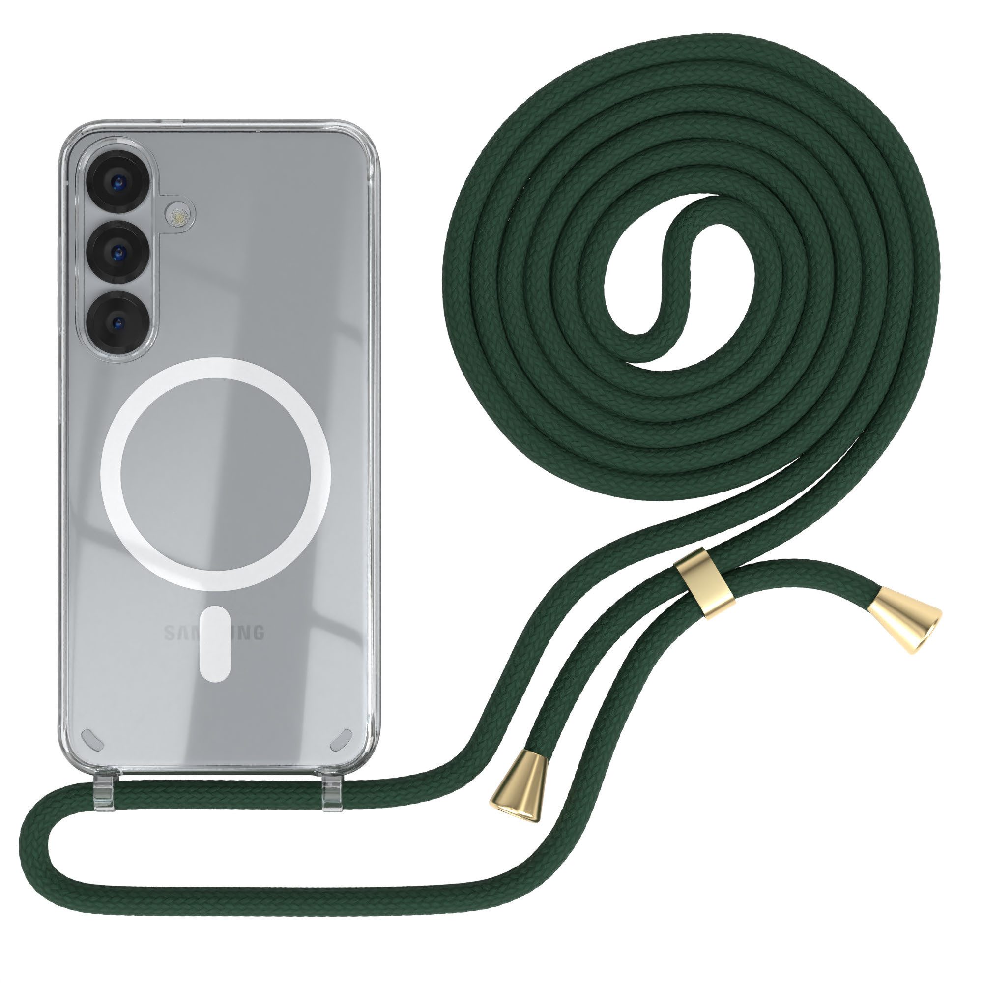 EAZY CASE Handykette mit Magsafe Hülle für Galaxy S25 6,2 Zoll, Handykette zum Umhängen Ladehülle mit Kordel Rundes Band Grün Gold