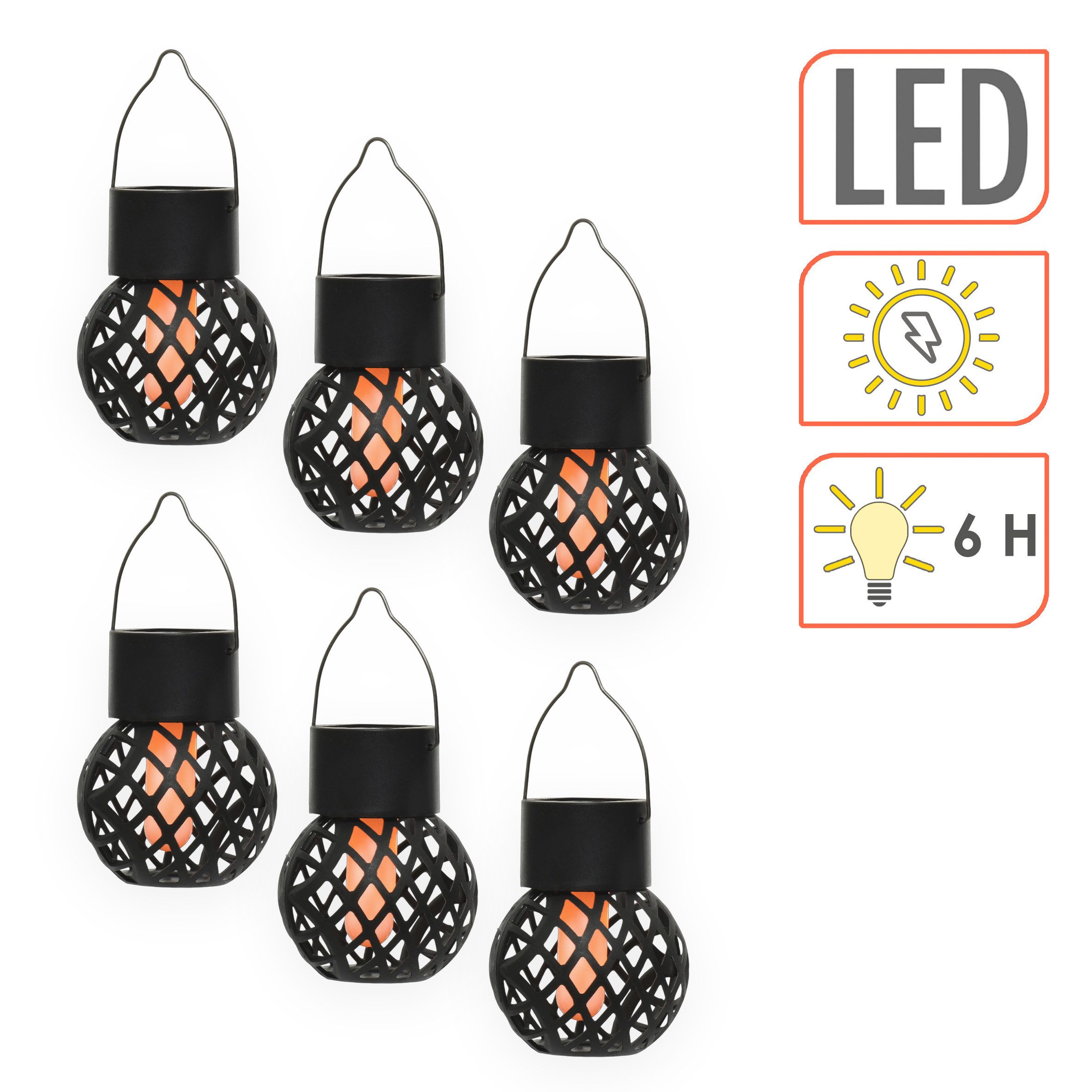 Spetebo LED Laterne Solar Mini Hängeleuchten 9 x 7 cm mit Flammeneffekt 6er Set, mit Metall-Bügel zum Aufhängen, LED fest integriert, orange (feuerfarben), Dämmerungssensor