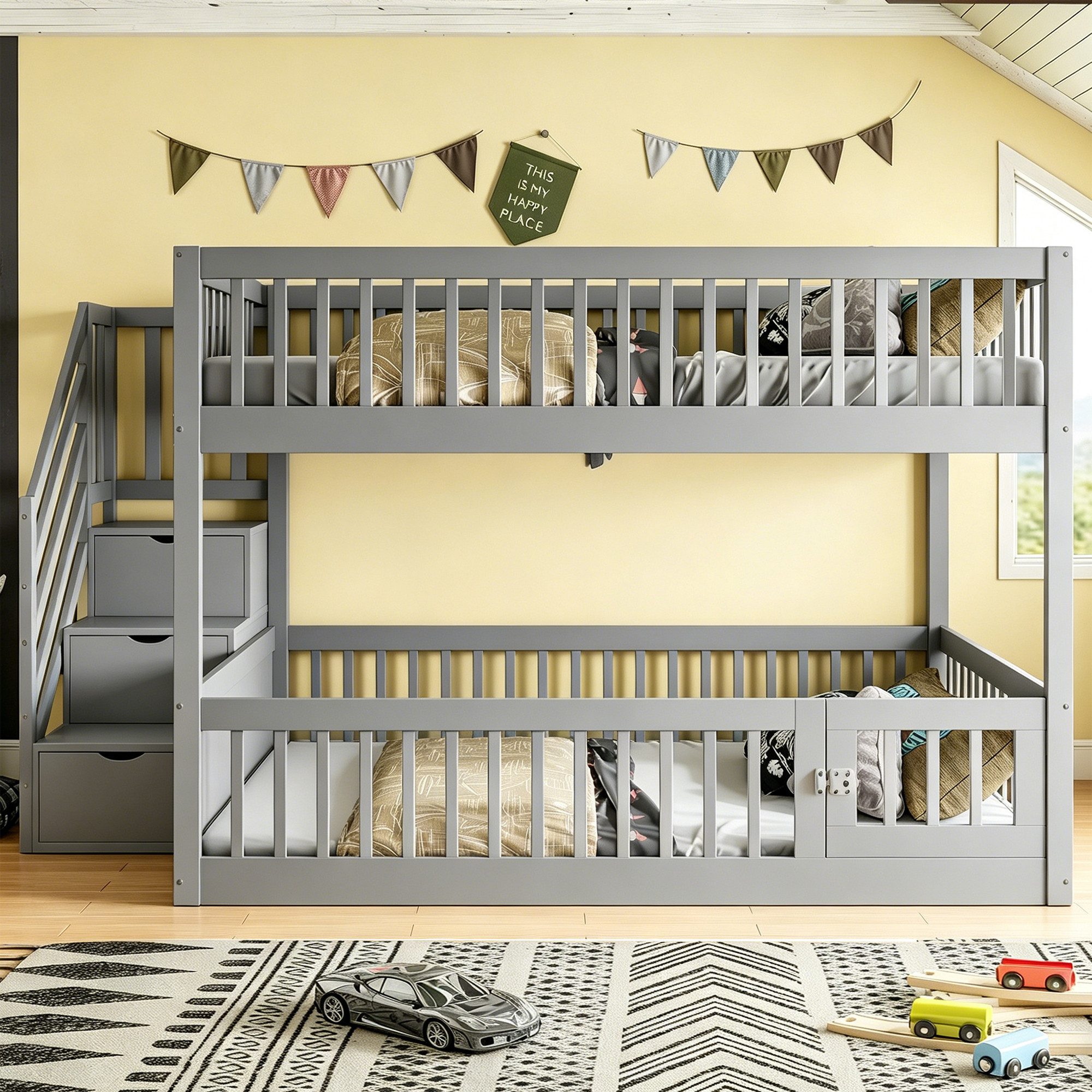 Flieks Etagenbett, Kinderbett 140x200cm mit Stauraumtreppe und oberem Lattenrost
