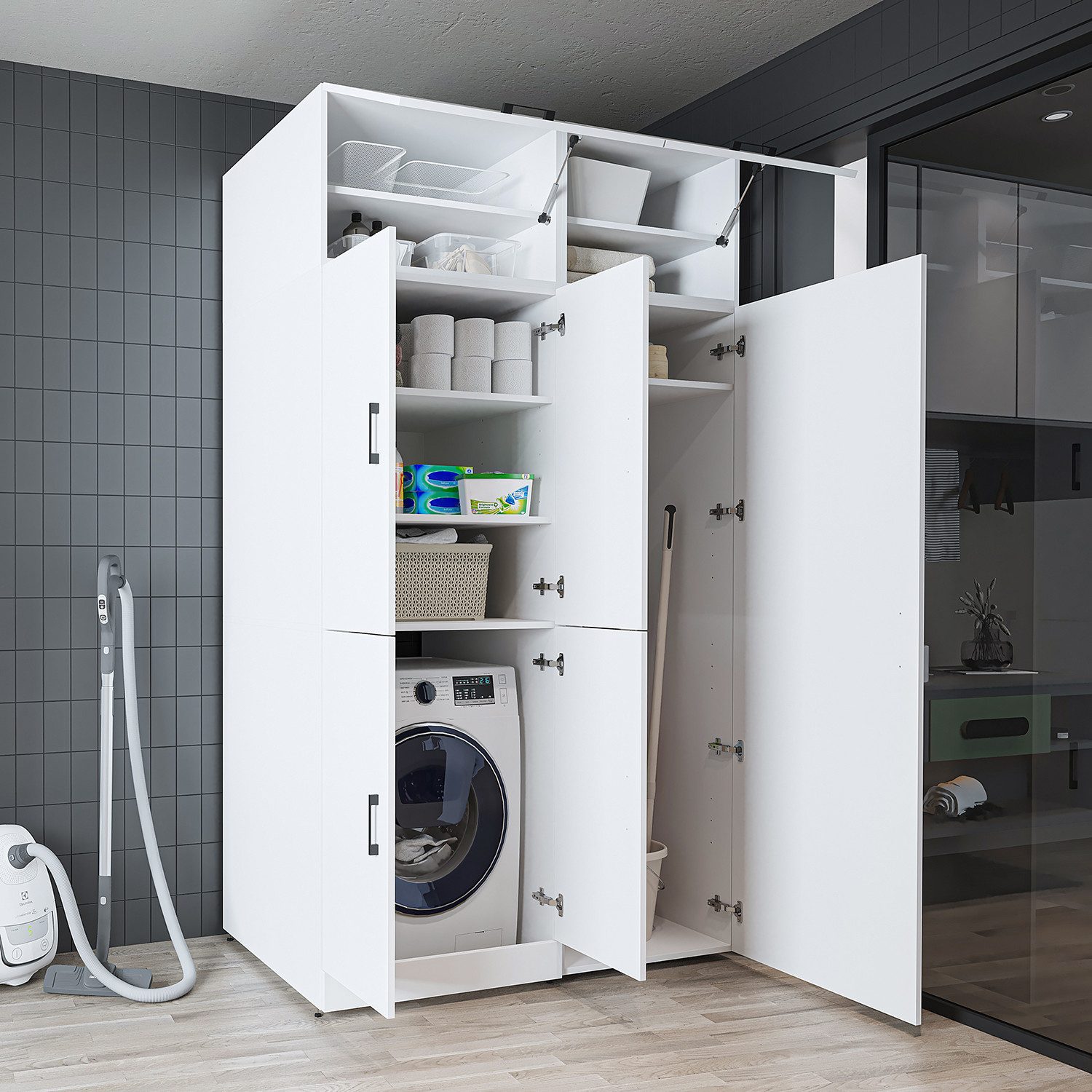 Roomart Waschmaschinenumbauschrank DORA 130 cm Waschmaschinenschrank + Hochschrank 60 cm, in 5 Farben (für Waschmaschine & Trockner mit Regalboden, Waschmaschinenschrank mit breitem Hochschrank – 2 Höhen) 130 kg Belastbarkeit, Hochschrank, links/rechts montierbar, in 5 Faren