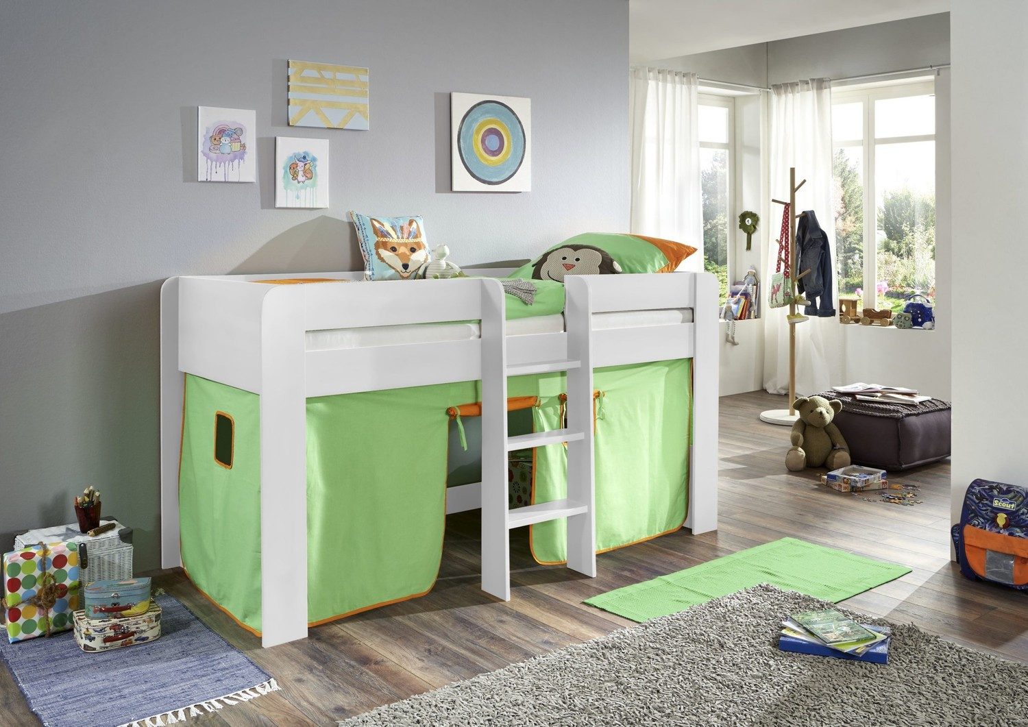 Natur24 Kinderbett Halbhochbett ANDI 90 x 200 cm Spanplatte Melamin Dekor Weiß Grün