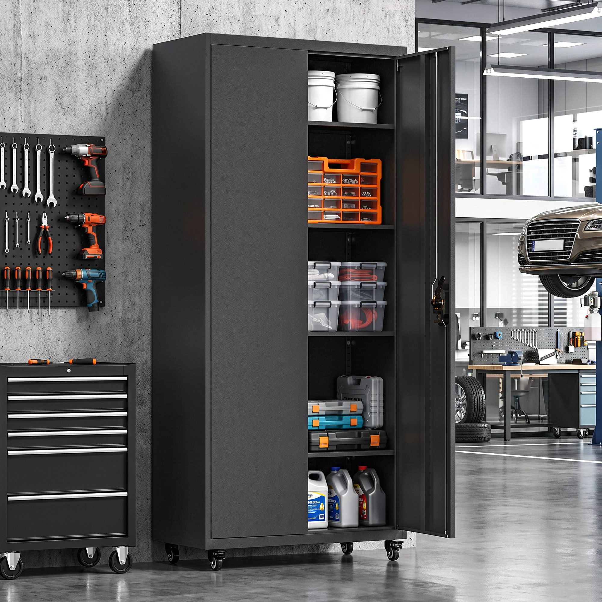 HOMCOM Werkstattwagen Abschließbarer Metallschrank mit Rollen, leer, max. Traglast:250 kg, 0-tlg. Werkzeugset, (Set, 1-tlg., Metallschrank mit Rollen), Abschließbar, 4 verstellbare Böden, Rollen
