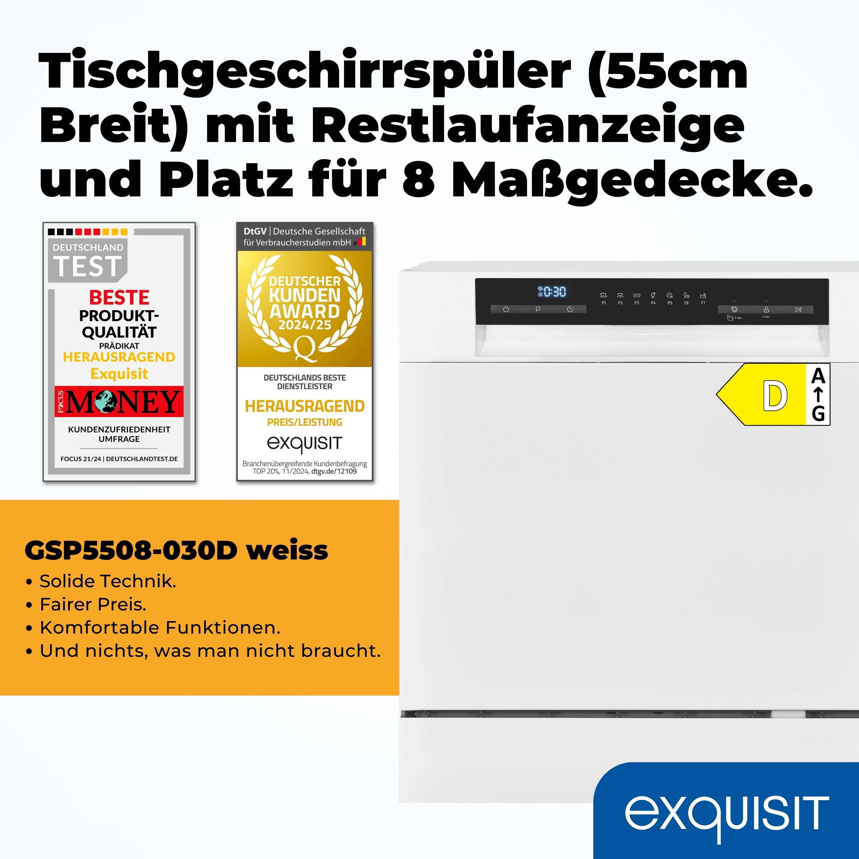 exquisit Tischgeschirrspüler GSP5508-030D, 8 l, 8 Maßgedecke, 8 Maßgedecke, 8 Liter, Auto-Door-Open, Startzeitvorwahl, Kompakt