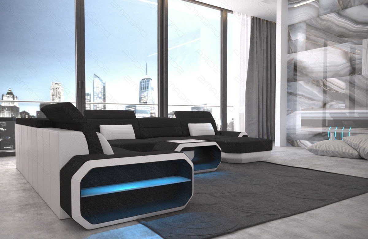 Stoff Strukturstoff H Couch Sofa, Bettfunktion Dreams Sofa XXL wahlweise Wohnlandschaft Stoffsofa schwarz-weiß Roma Design Polster mit
