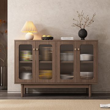 REDOM Sideboard aus Spanplatte mit Glasvitrine (4 Glastüren), mit vertikalen Streifen, Glasvitrine, 120*40*82cm