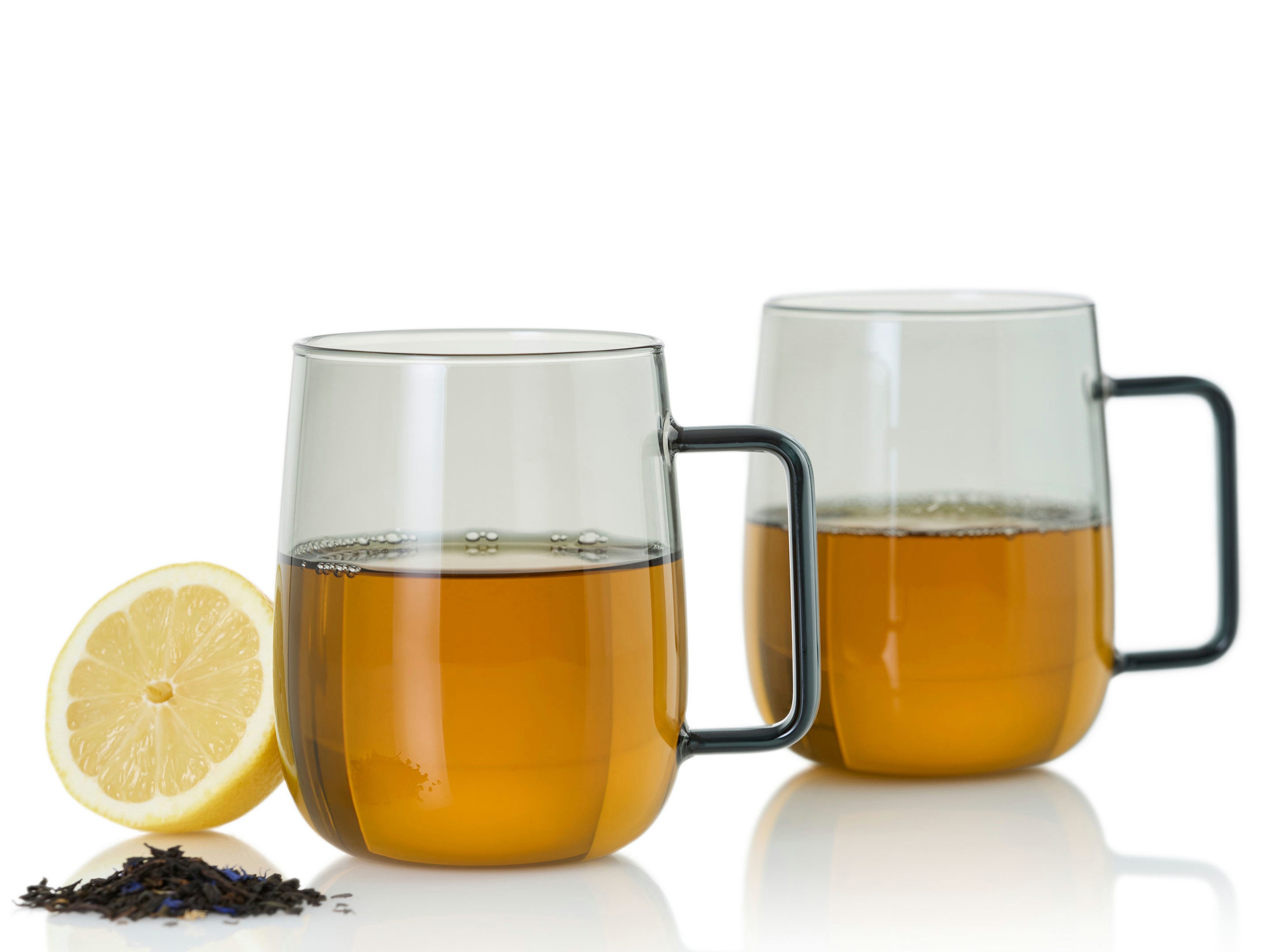 AdHoc Becher Set aus zwei großen Tassen mit Griff Yuna, 2-tlg., Borosilikatglas, mundgeblasenes Unikat in Rauchgrau