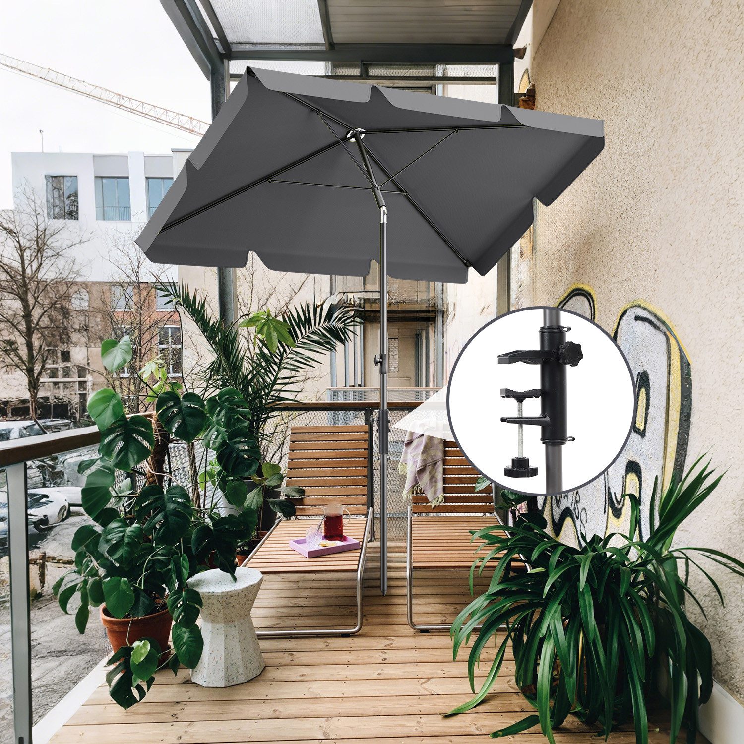 Sekey Sonnenschirm 200 × 125cm Balkonschirm rechteckig höhenverstellbar, mit Schirmhalter, LxB: 200x125 cm, mit Schutzhülle, Neigbar, UV50+ Schutz, wind- & wasserfest, für Garten