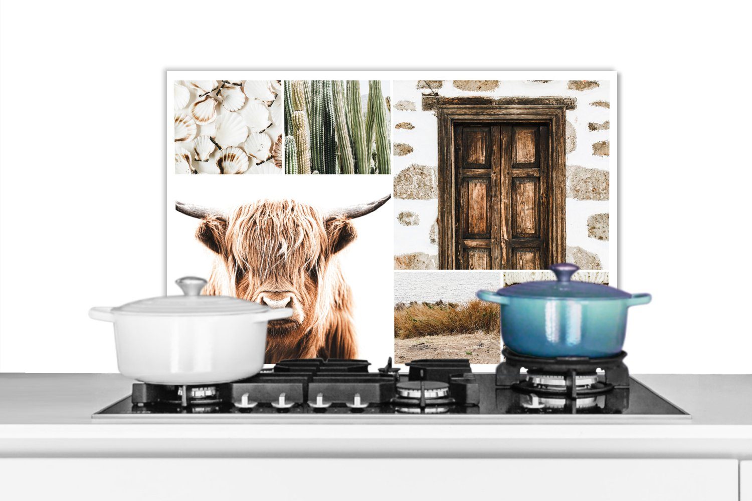 MuchoWow Küchenrückwand Schottischer Highlander - Collage - Weiß - Beige, (1-tlg), 60x40 cm, Herdblende aus Wandschutz, Temperaturbeständig küchen