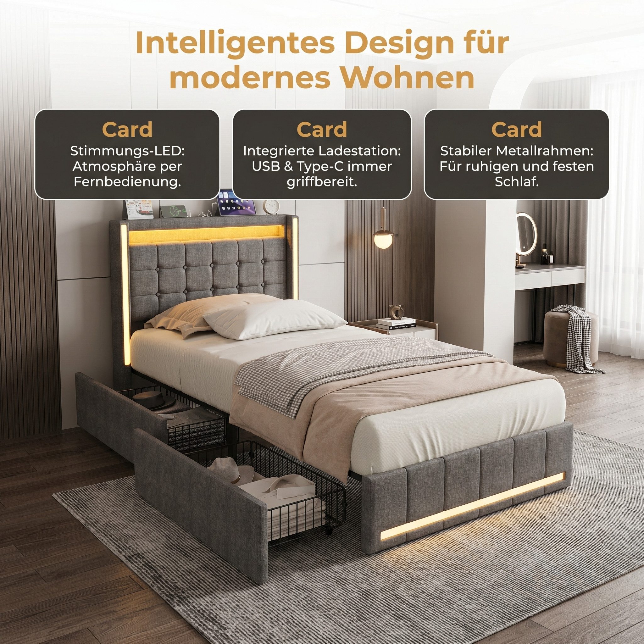 PXloue Polsterbett LED Doppelbett Stauraumbett, mit USB-Laden und Stauraum am Kopfteil,Leinen,90x200 cm – Bild 5 von 5