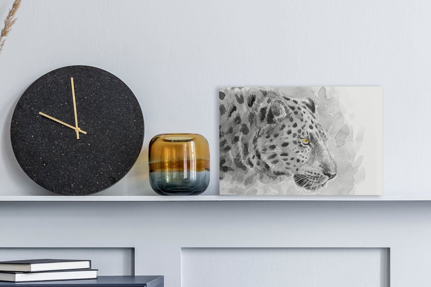 Wandbild Weiß OneMillionCanvasses® - Aufhängefertig, Leopard (1 - Profil, 30x20 cm St), Wanddeko, Schwarz Leinwandbild - Leinwandbilder,