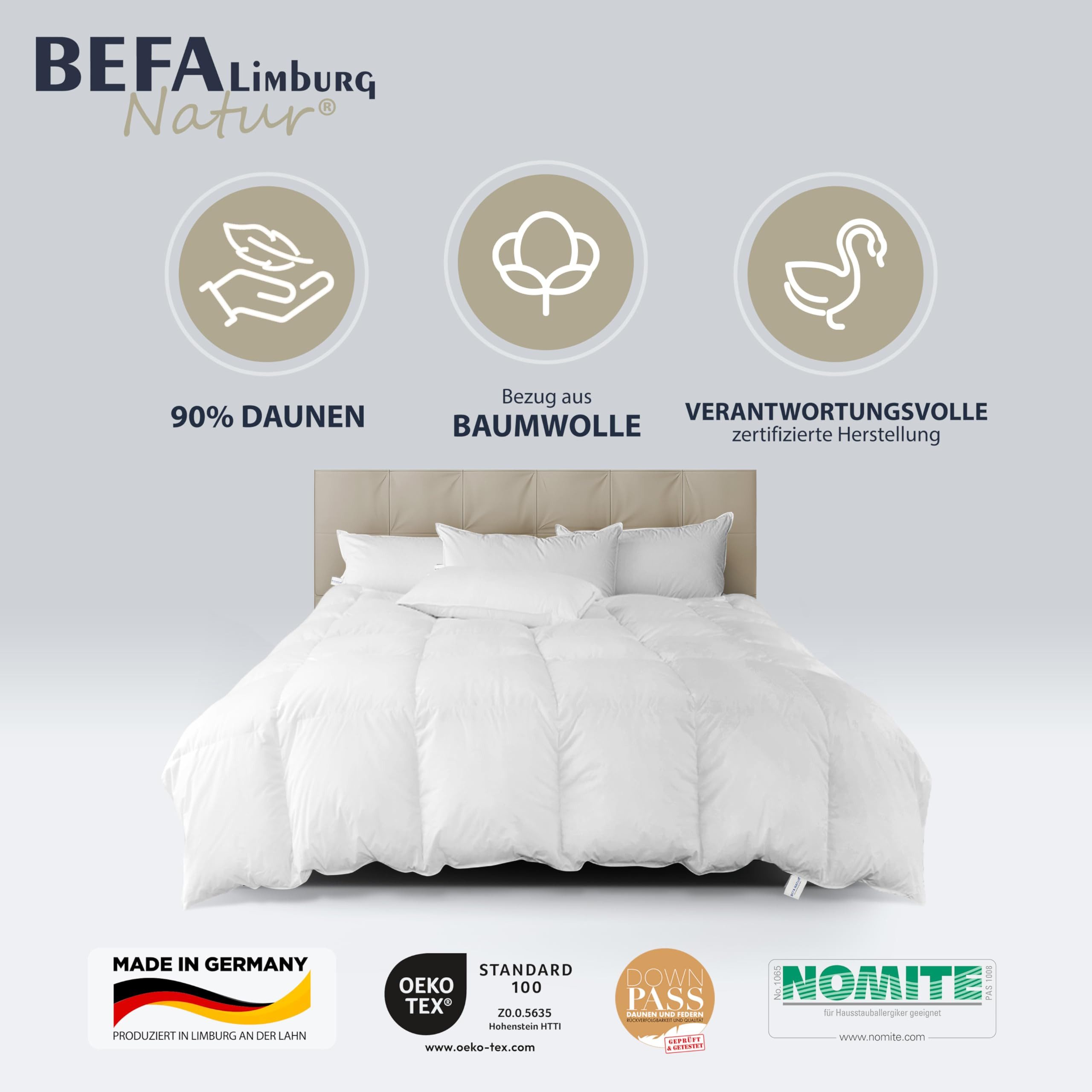 BEFA NATUR Daunenbettdecke "Wohlfühl Nächte" 90/10 Premium-Ganzjahresdecke, 4-Jahreszeitendecke, Füllung: 90% Daunen, 10% Federn, Made in Germany - hochwertige Verarbeitung - Allergiker geeignet