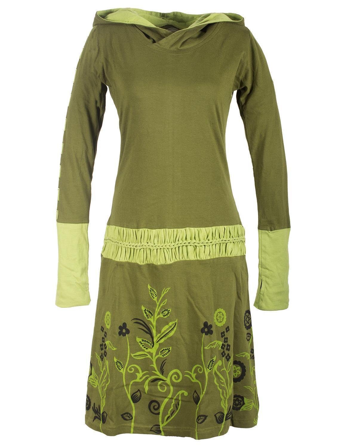Vishes Jerseykleid Blumen Kleid mit Kapuze und geknüpftem Gürtel Ethno, Goa, Boho, Elfen Style olive