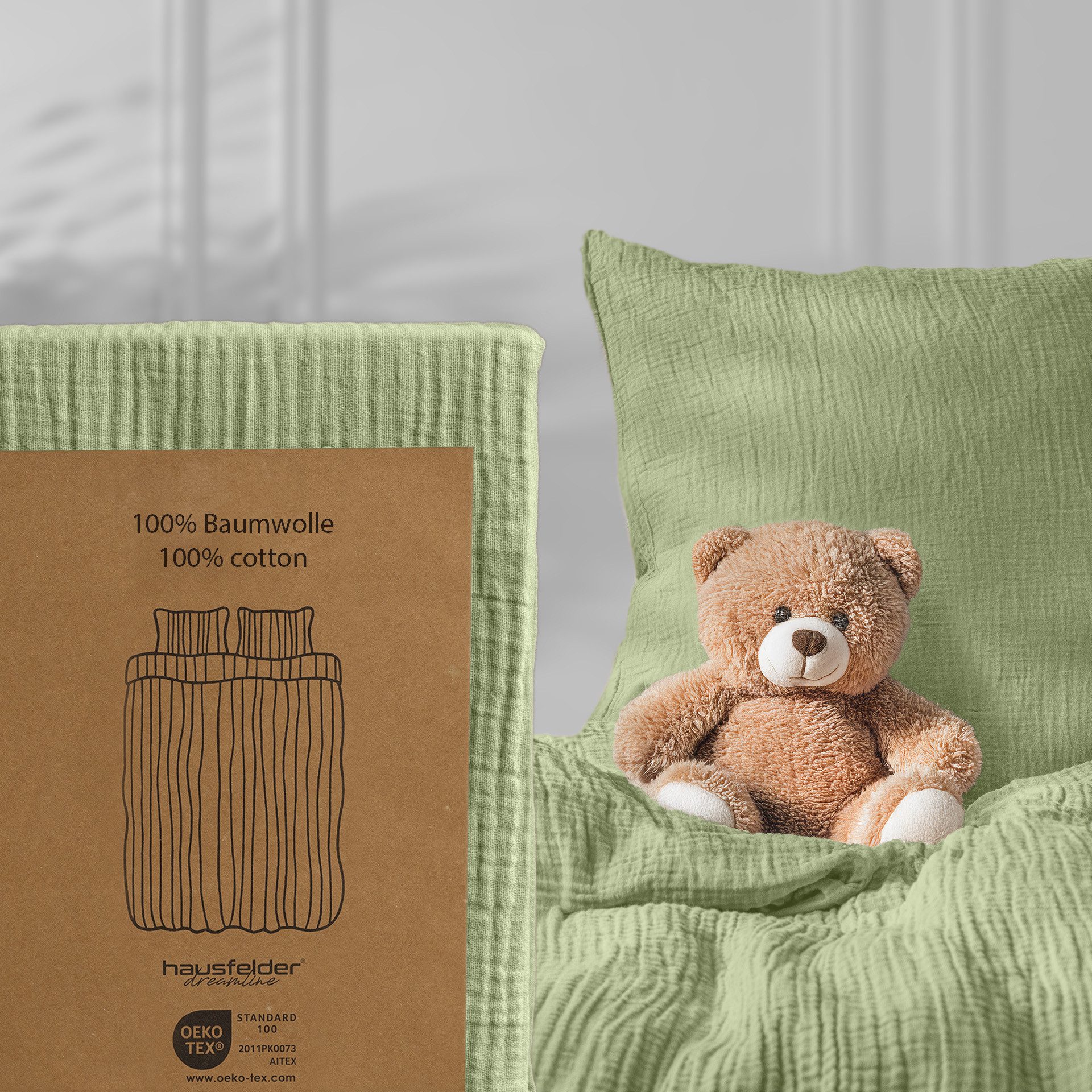 Hausfelder Bettwäsche Kinderbettwäsche Set Bettbezug 100x135cm + 40x60cm Kissen Grün (Grün), 2 teilig, Crinkle-Effekt, atmungsaktiv, temperaturausgleichend