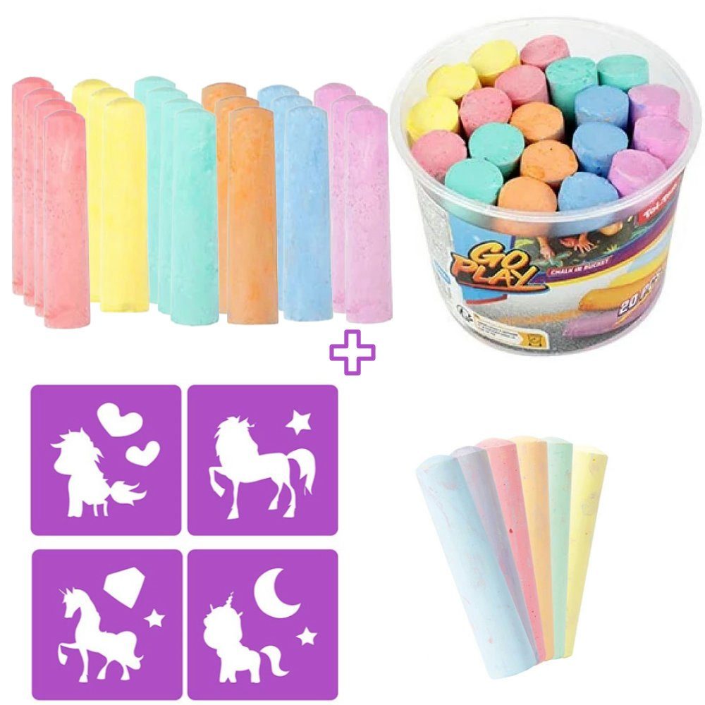 Toi-Toys Malstift Strassenmalkreide 20 Kreide im Eimer mit Einhorn Schablonen 6 Kreide