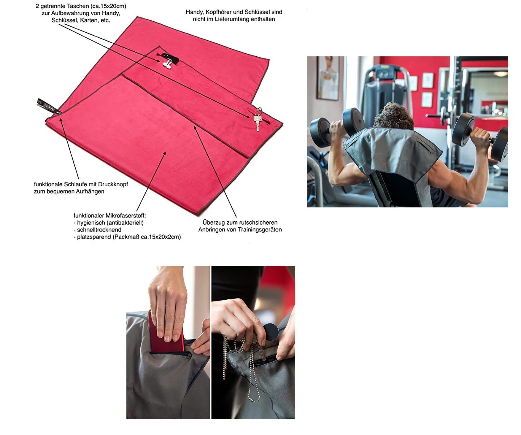 ACE2B Sporthandtuch ace2b Handtuch Mikrofaser Reißverschluss Taschen + Rutschfester – Bild 4 von 4