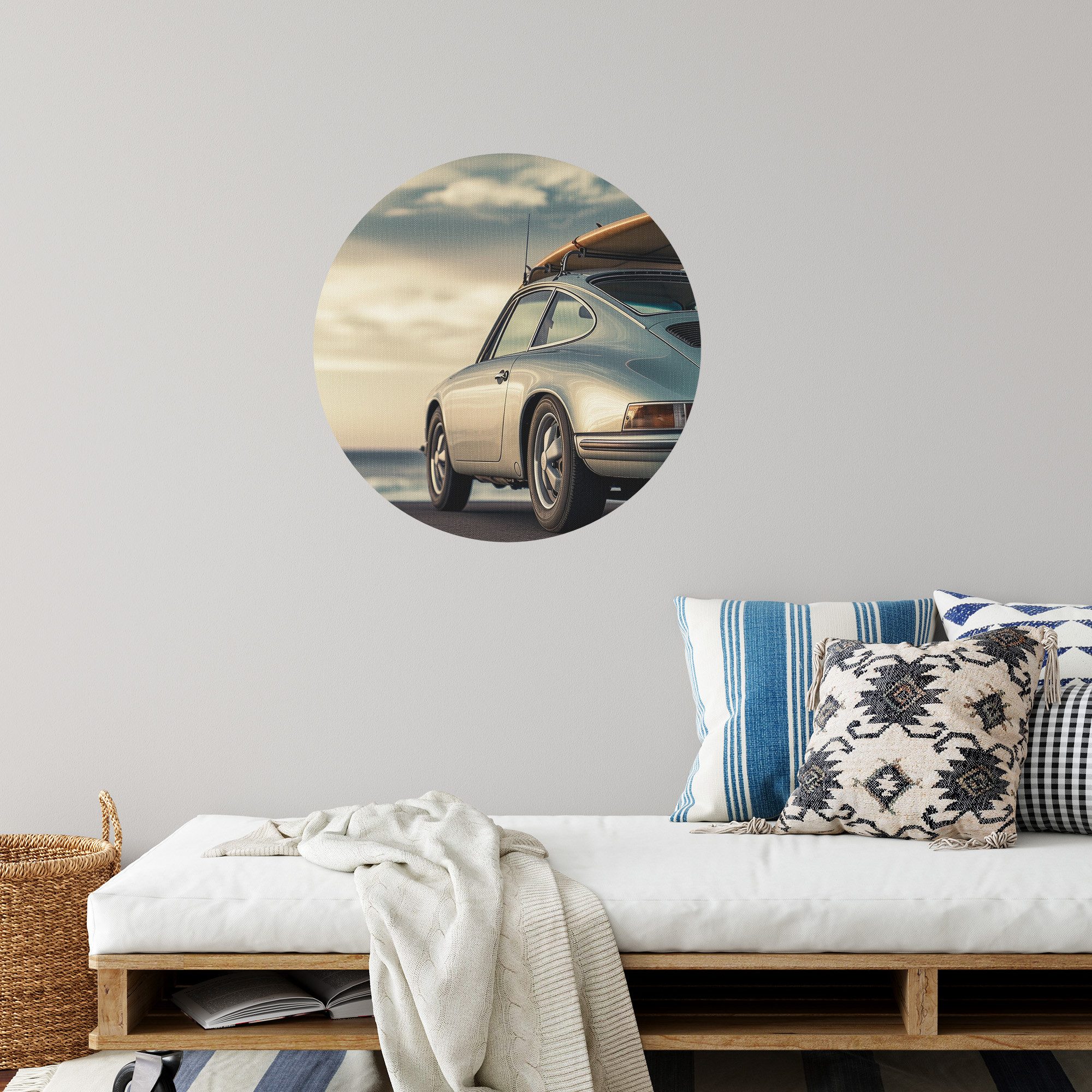 DEQORI Fototapete 'Wellenjagd im Sonnenlicht', Rund, matte Leinwandstruktur, bedruckt, (1 St), selbstklebend Wandtattoo Motiv Wandtapete Wand Sticker Bild Tapete