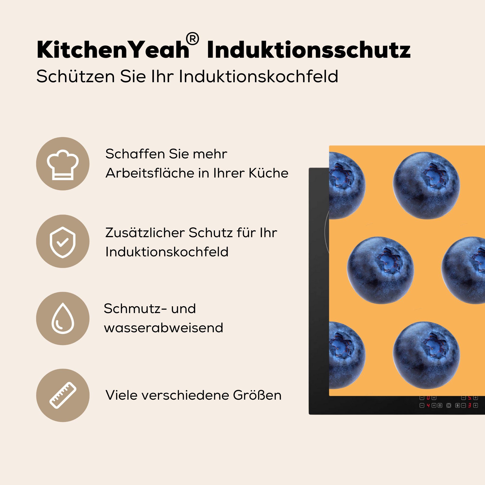 MuchoWow Herdblende-/Abdeckplatte 81x52 die - cm, Heidelbeere Vinyl, Ceranfeldabdeckung (1 Schutz Muster küche, Induktionskochfeld für Orange, tlg), 