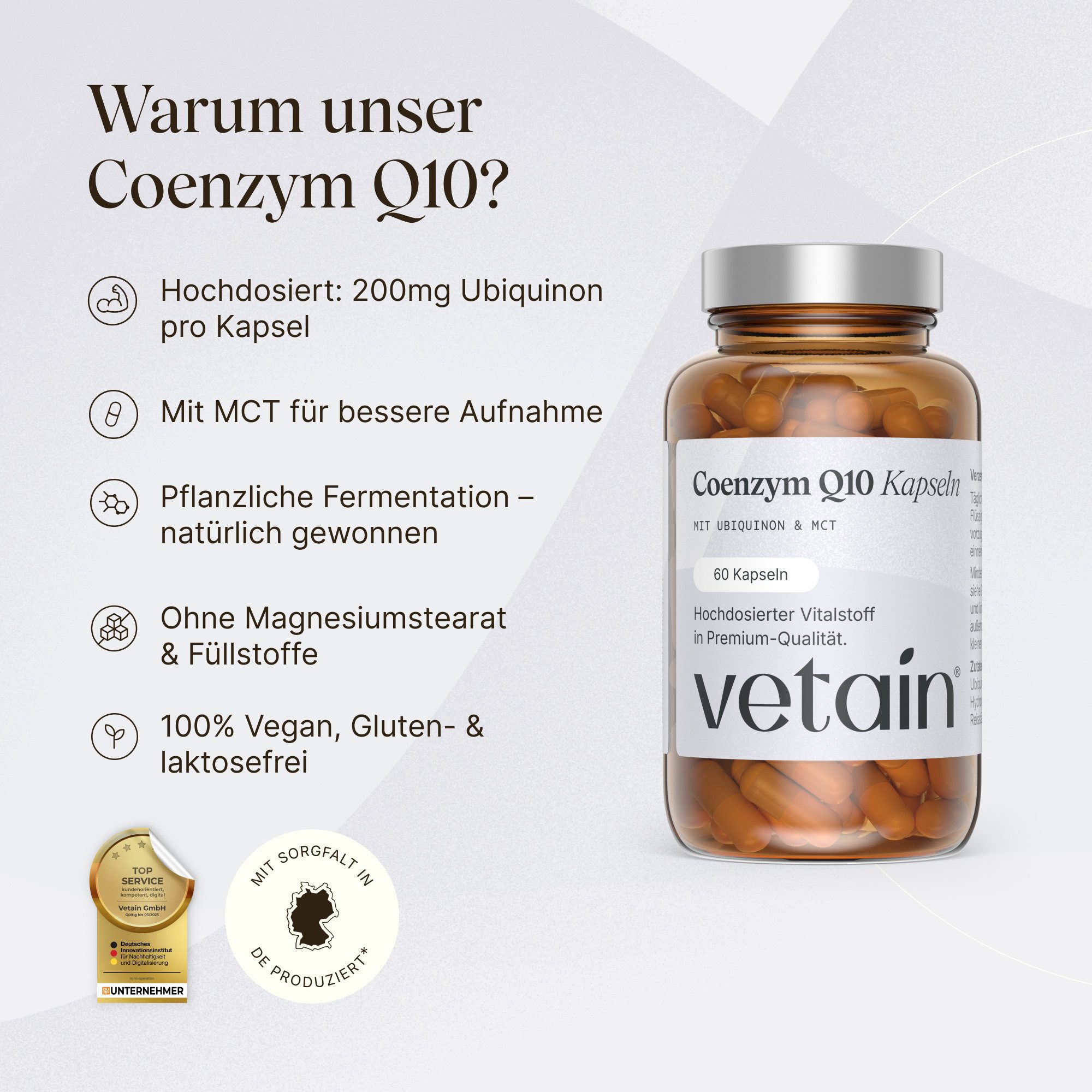 VETAIN Coenzym Q10 200mg - Mit MCT für bessere Aufnahme - Vegan & hochdosiert Kapseln, 60 St., Mit MCT für bessere Aufnahme