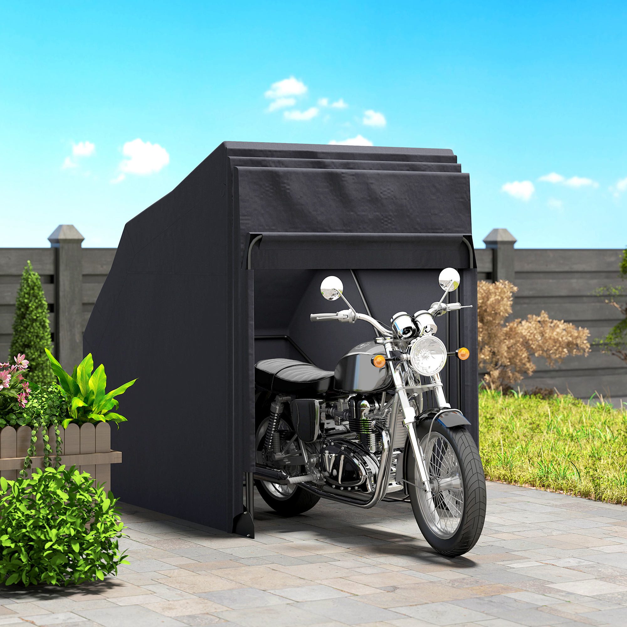 Outsunny Faltgarage mit Fenster, wasserdicht (faltbar Outdoor Motorradabdeckung, 1-St., Motorrad Abdeckplane), für 2 Motorräder Motorroller 345cm x 135cm x 191cm Schwarz