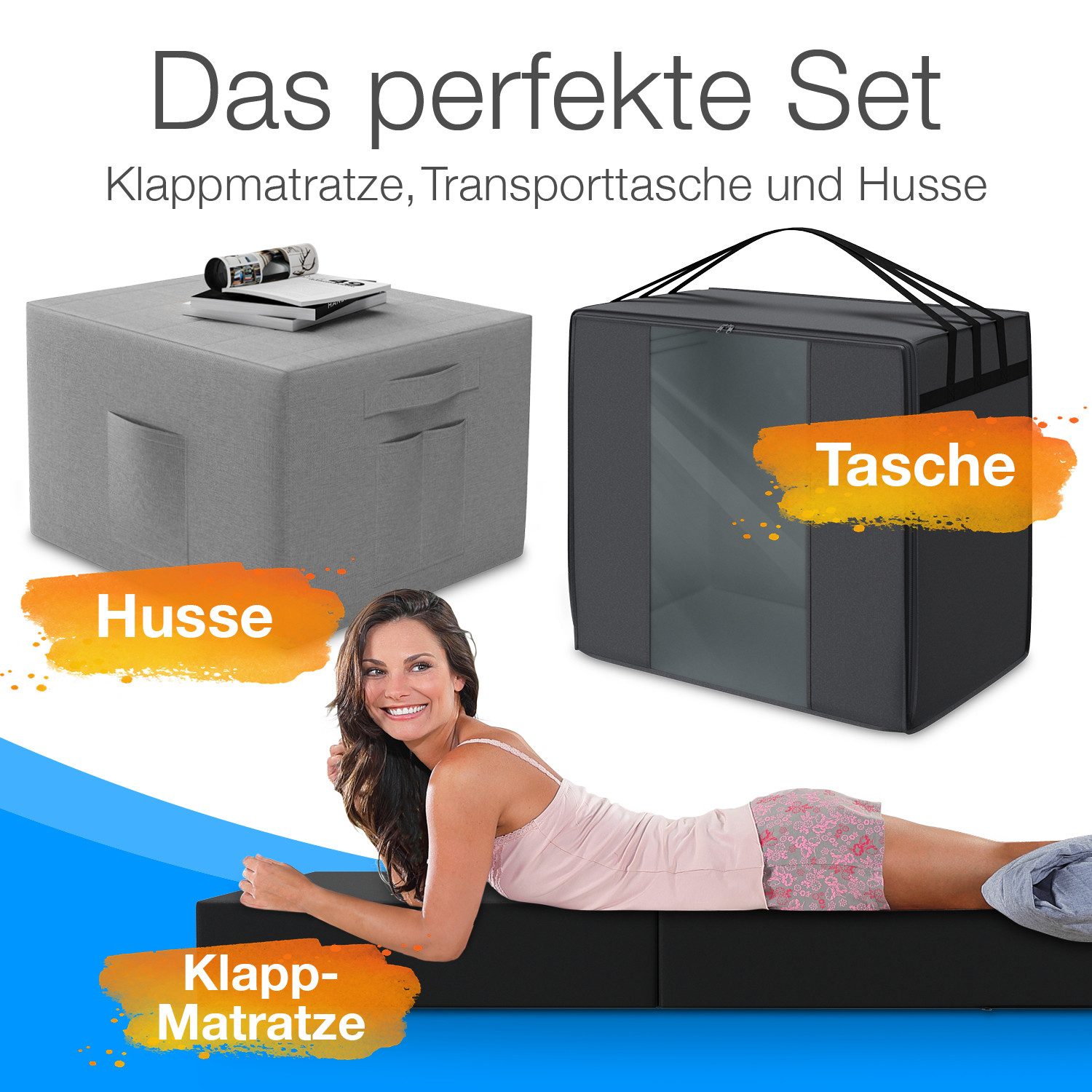 Klappmatratze Spar-Set inkl. Husse & Transporttasche, ELONEO, 15 cm hoch, versch. Größen & Farben