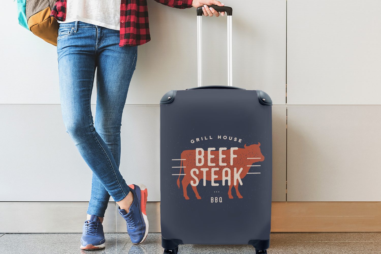 mit Reisekoffer Handgepäck für 4 BBQ MuchoWow Trolley, - Steak, rollen, Handgepäckkoffer Rollen, Ferien, Mancave - Reisetasche