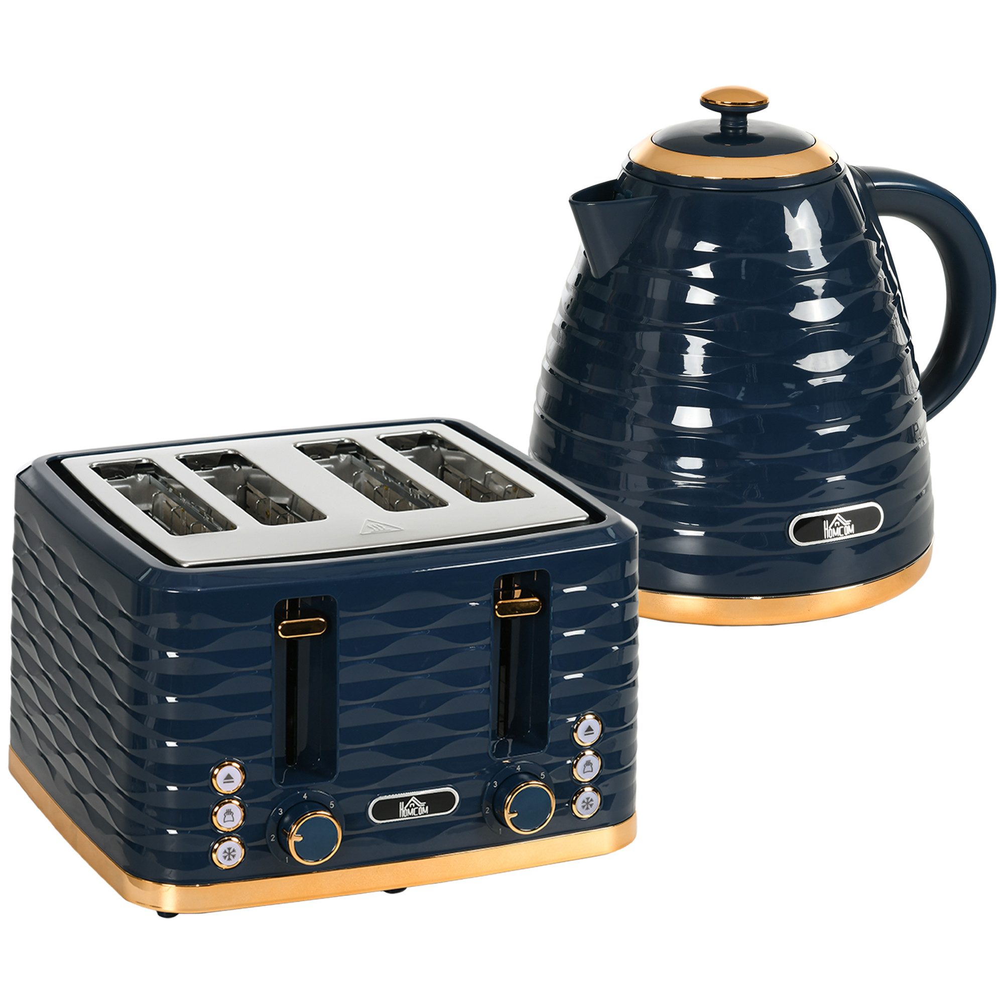 HOMCOM Toaster Frühstück-Set mit 1,7L Wasserkocher, 4 Scheiben Toaster, 4 Schlitze, für 4 Scheiben, 2200 W, Auftau-, Aufwärm- und Krümelschublade, Otter-Thermostat, Blau