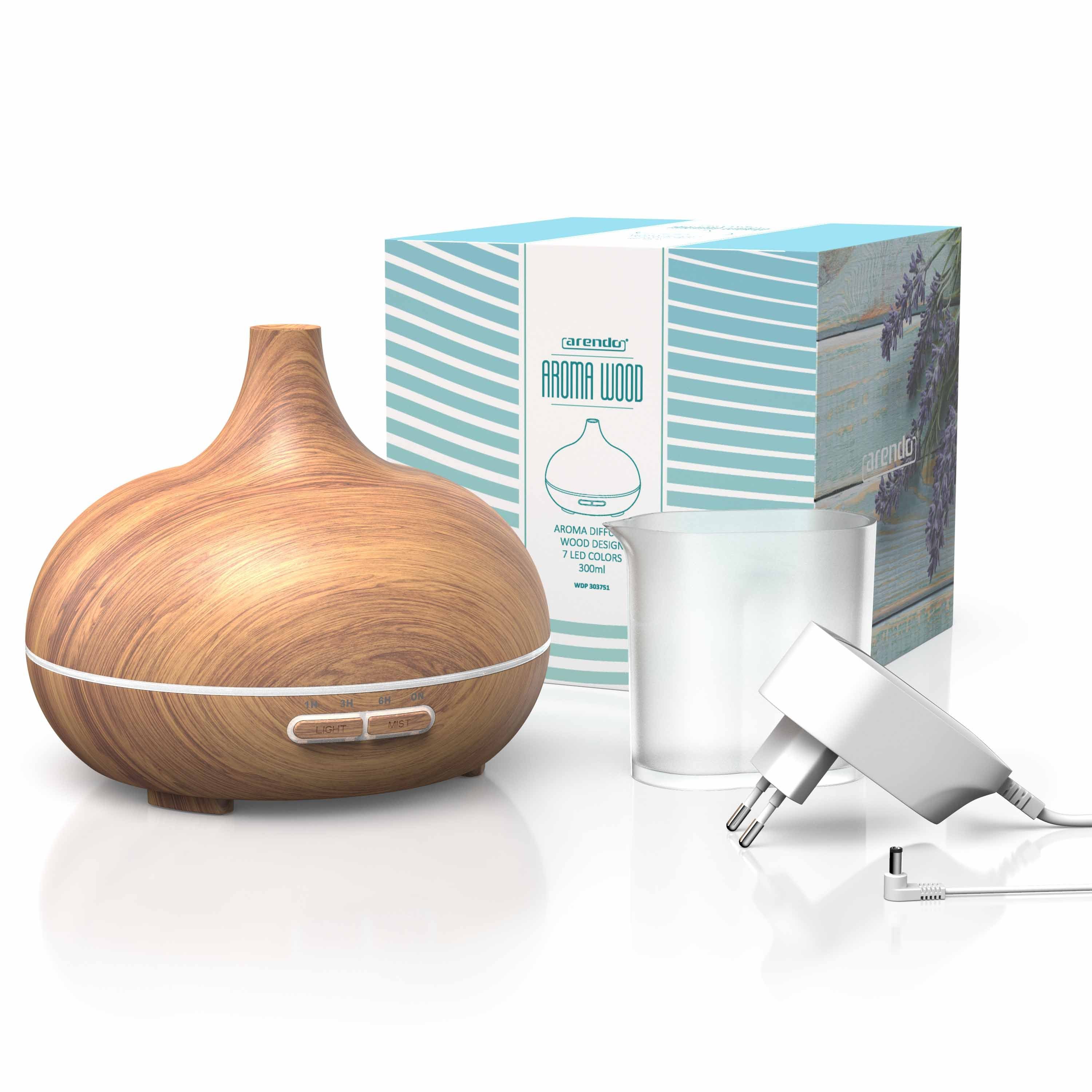 Arendo Diffuser Ultraschall LED Aroma Diffusor 300ml, Luftbefeuchter, Holzdekor, Timer, 0,3 l Wassertank, Raumbefeuchter, Nachtlicht, Dauernebelmodus, leises Betriebsgeräusch