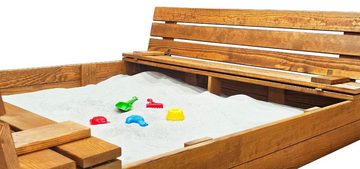 QLS Sandkasten 150cm mit Bank, aus Holz Imprägniert Abdeckung Unkrautvlies Sandbox 148 x 152 cm