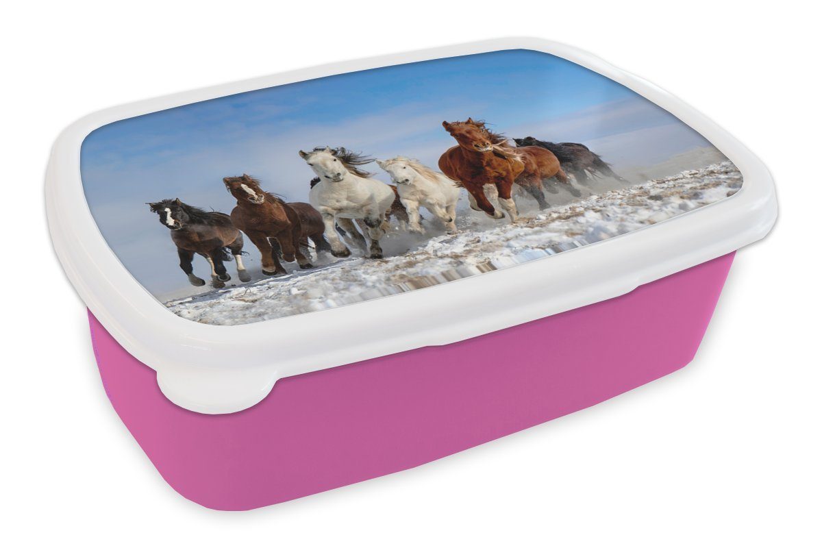 der in Galoppierende (2-tlg), Landschaft, Lunchbox mongolischen Snackbox, Kunststoff Erwachsene, Kunststoff, Brotbox Kinder, Brotdose Mädchen, MuchoWow für rosa Pferde