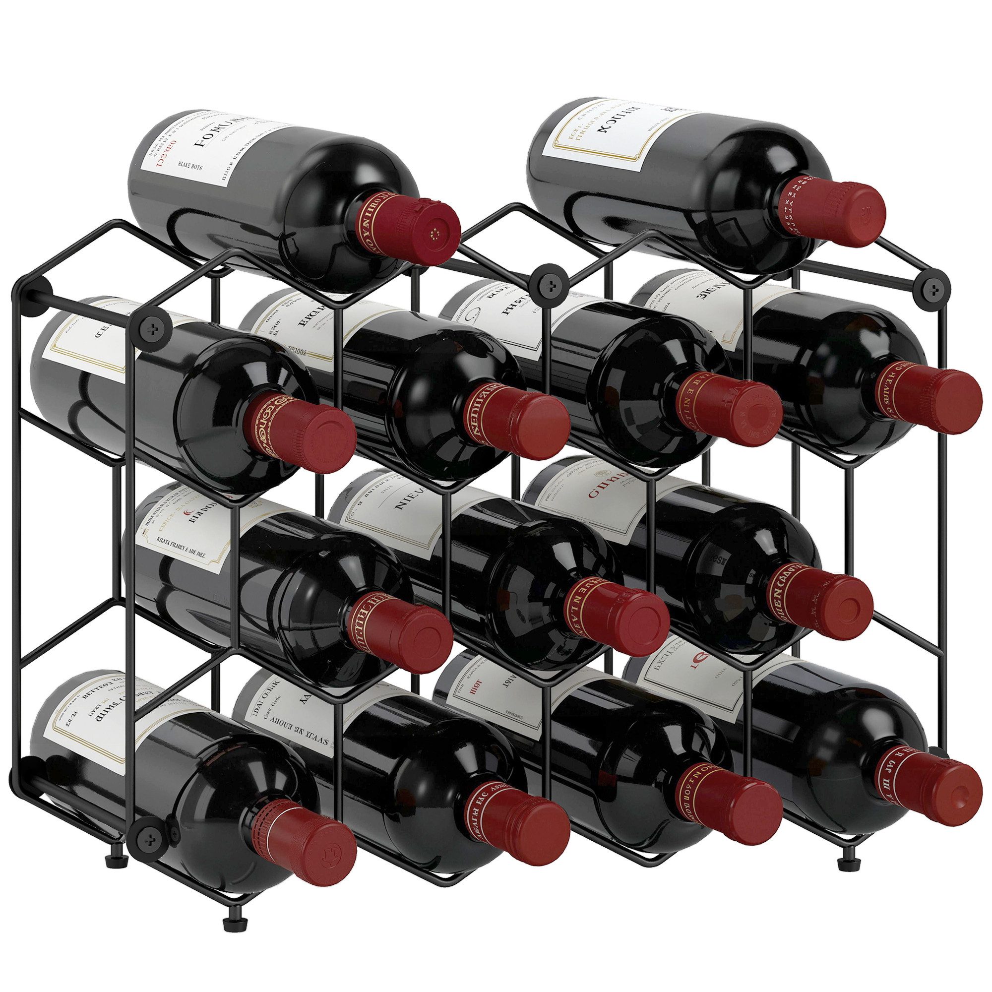 HOMCOM Weinregal Weinflaschenhalter mit Wabendesign Verstellbaren Füßen Kippschutz, Flaschenhalter für 13 Flaschen 1-tlg., aus Metall für Keller, Lagerraum, 43 x 15,5 x 31 cm Schwarz