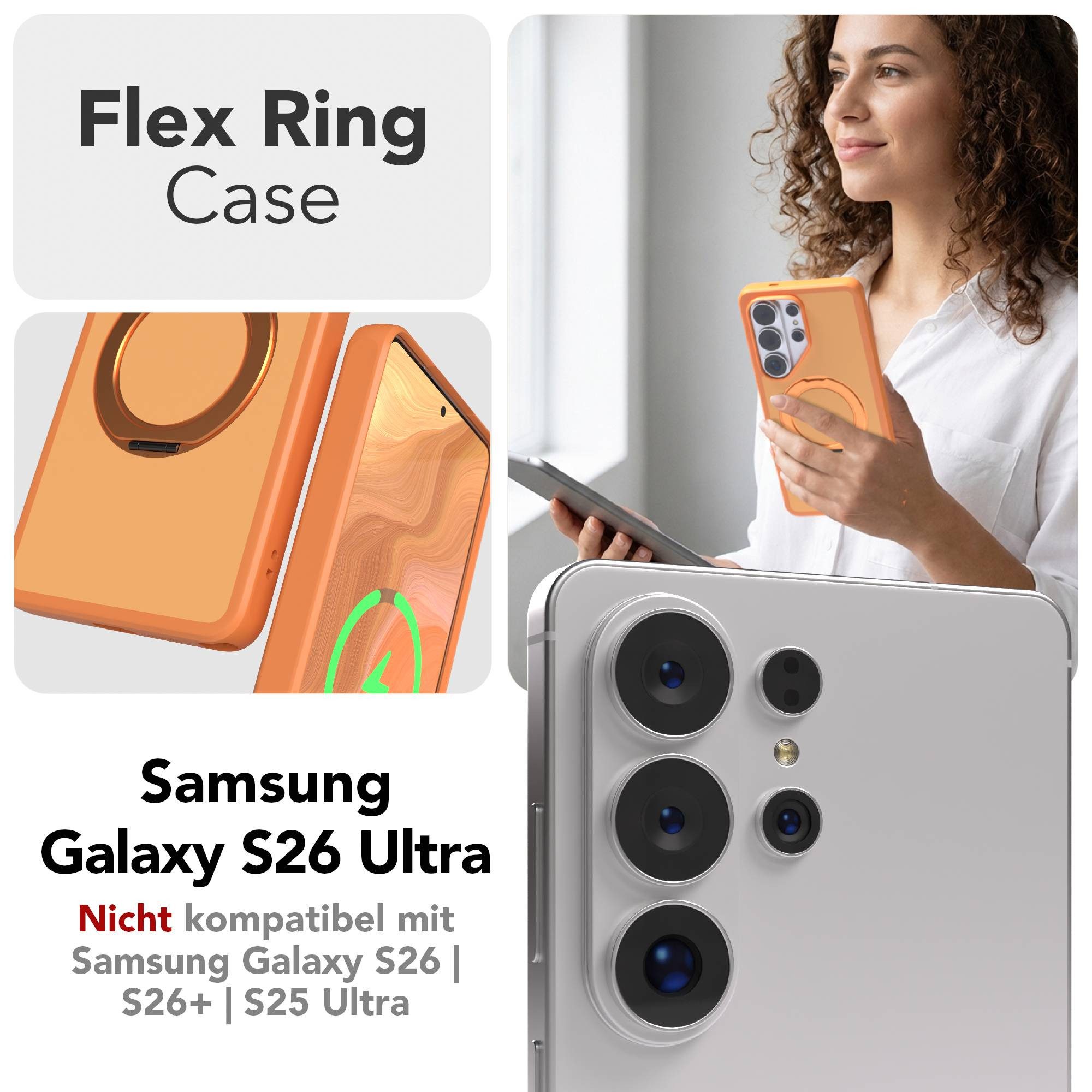EAZY CASE Handyhülle Outdoor Galaxy S26 Ultra Case mit MagSafe Rotation Ring 6,9 Zoll, Slimcover Handyhülle Outdoor zum Aufstellen mit Ring modern in Orange