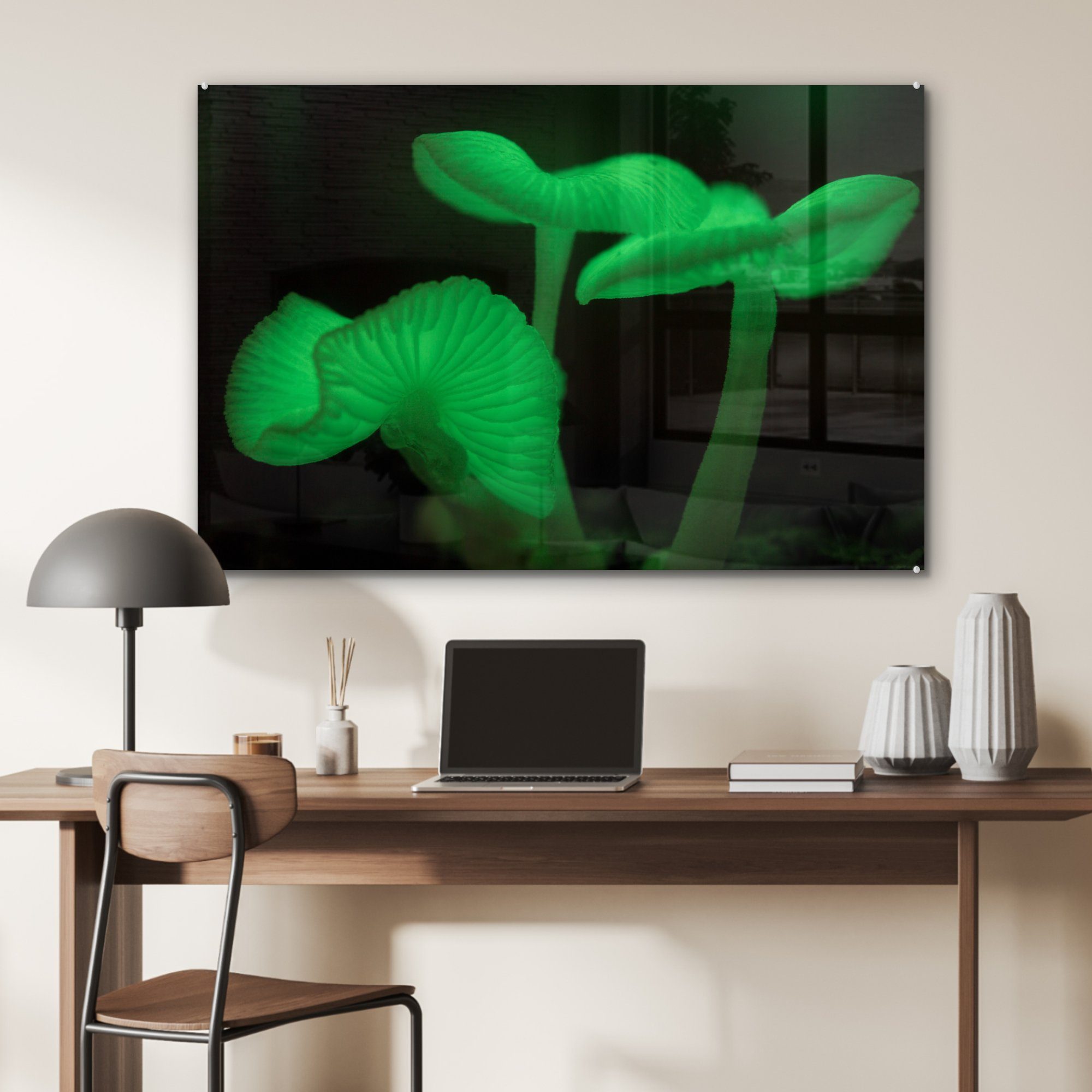 schwarzem Wohnzimmer St), Acrylglasbilder & Grüne Hintergrund, Pilze MuchoWow Schlafzimmer (1 Acrylglasbild vor