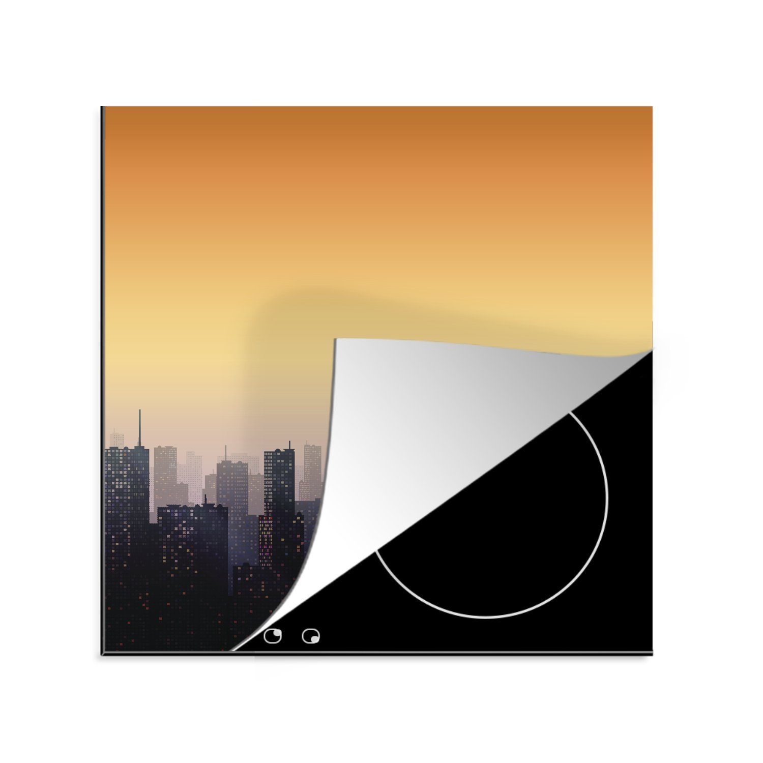 MuchoWow Herdblende-/Abdeckplatte Eine Illustration der Dämmerung einer Stadt bei Sonnenuntergang, Vinyl, (1 tlg), 78x78 cm, Ceranfeldabdeckung, Arbeitsplatte für küche