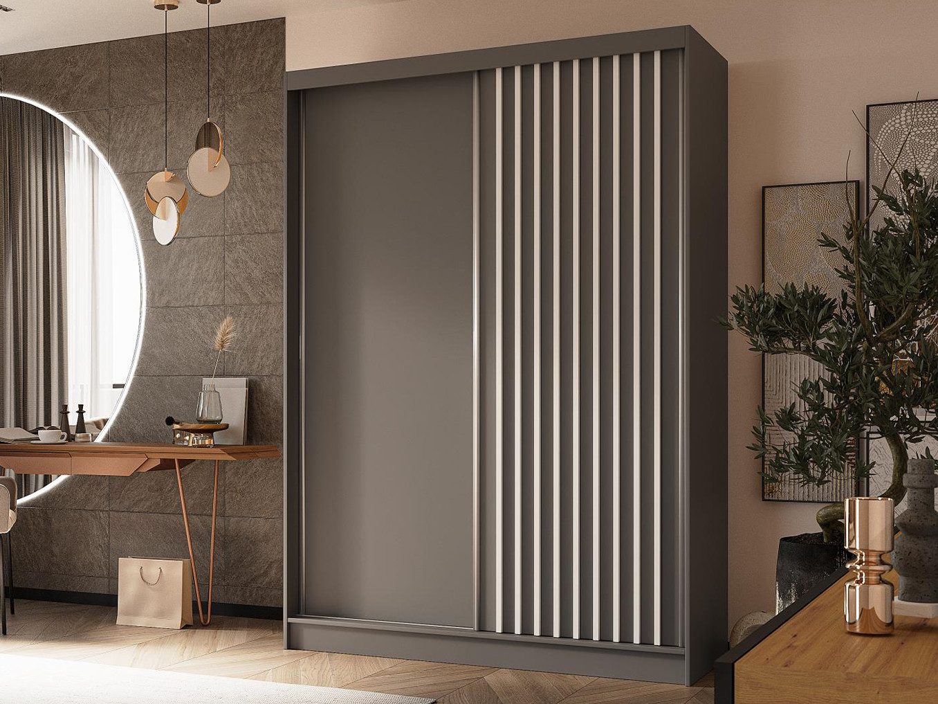 Beautysofa Kleiderschrank Helios mit Schubkasteneinsätzen (Moderner Schwebetürenschrank ohne Spiegel mit Lamellen, Kleiderstange, Einlegeböden und praktischem Stauraum) In verschiedenen Breiten erhältlich