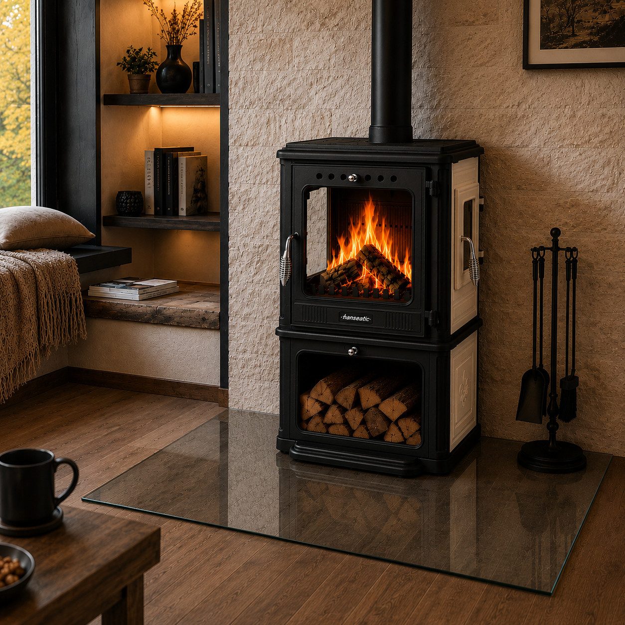 Hanseatic Kaminofen Mars Beige, 7,2 kW, Zeitbrand, Großer Feuerraum