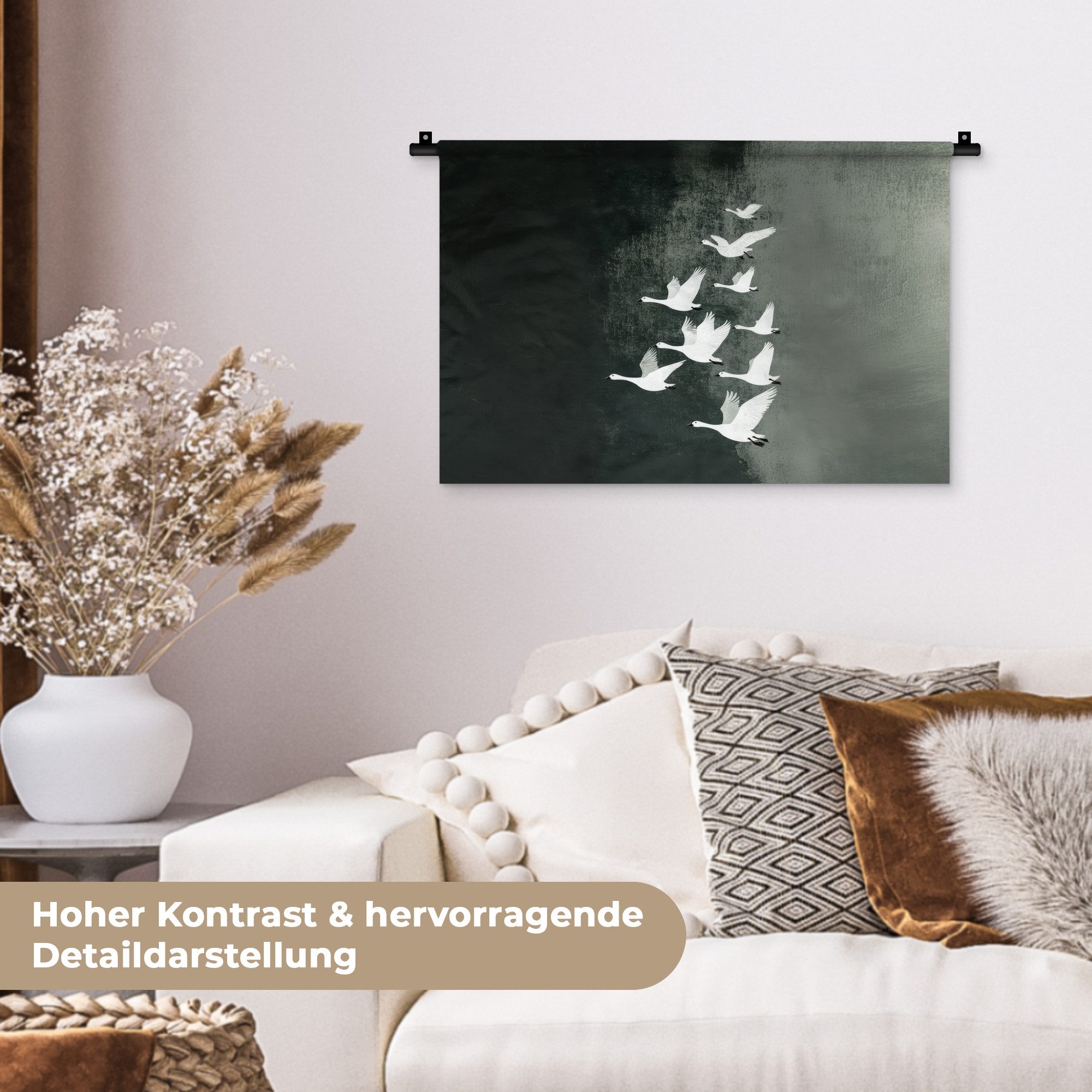 MuchoWow Wandteppich Vogel - Japandi - Grün, Rechteckig, Höhe: 3 mm, Wandteppich für Wohnzimmer, Schlafzimmer, 60x40 cm