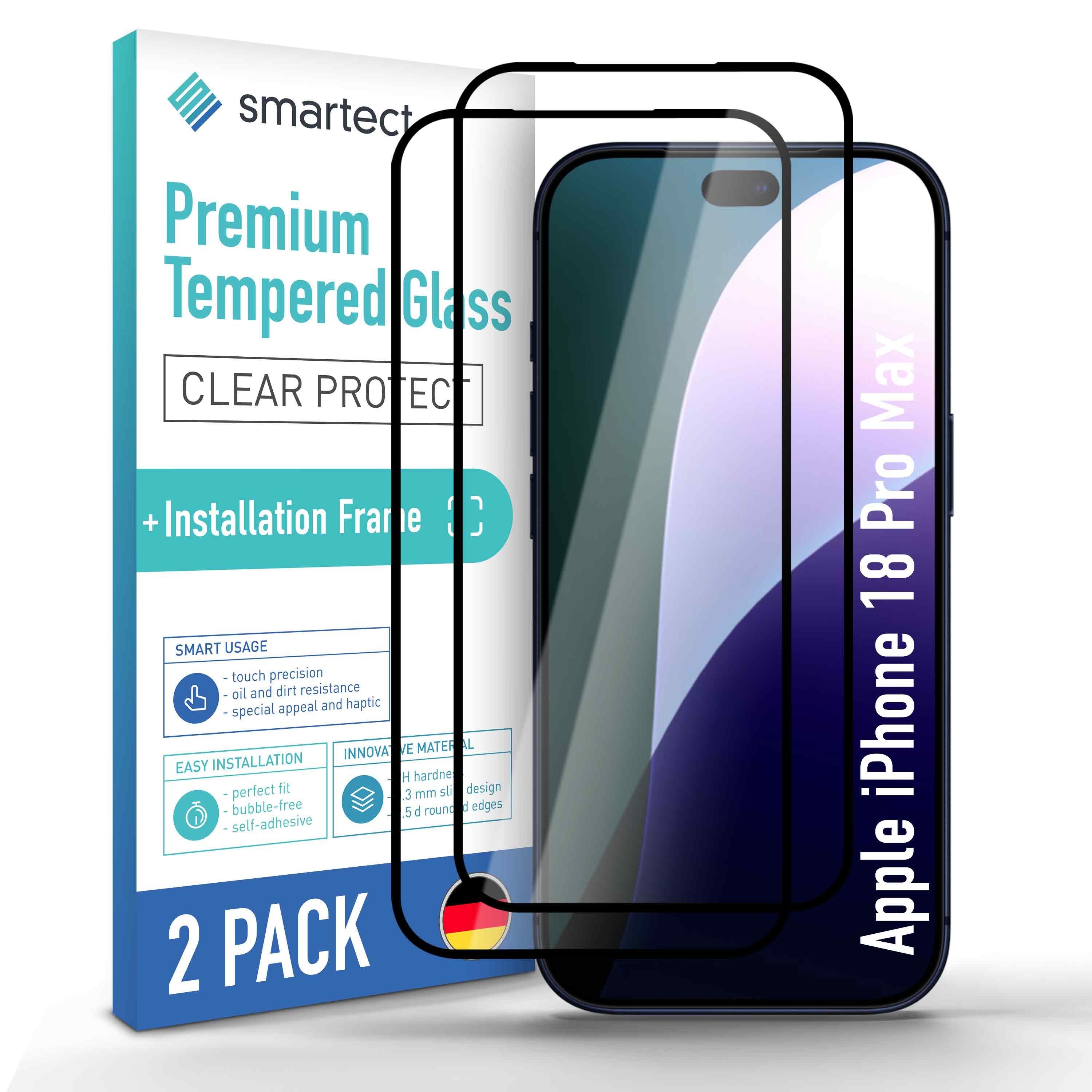 smartect Displayschutzglas 2X Schutzglas Panzerfolie Full Screen für Apple iPhone 18 Pro Max für Apple iPhone 18 Pro Max, Set, 2 Stück, inkl. Anbringhilfe, 0.3 mm Ultra-klar, 9H Härte, Kratzfest, Stoßfest
