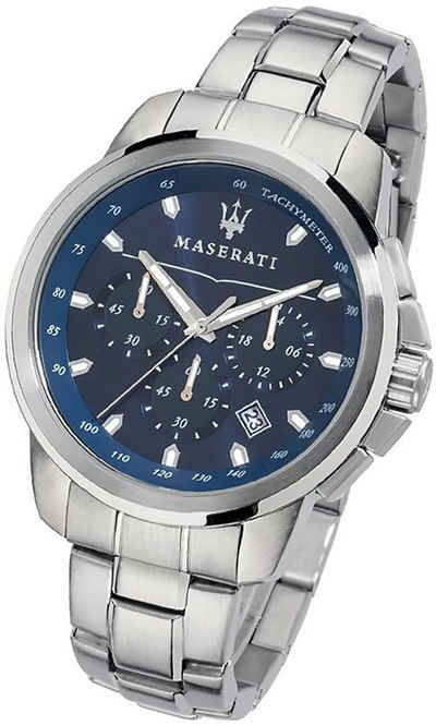 MASERATI Chronograph Maserati Edelstahl Armband-Uhr, Herrenuhr Edelstahlarmband, rundes Gehäuse, groß (ca. 52x44mm) blau