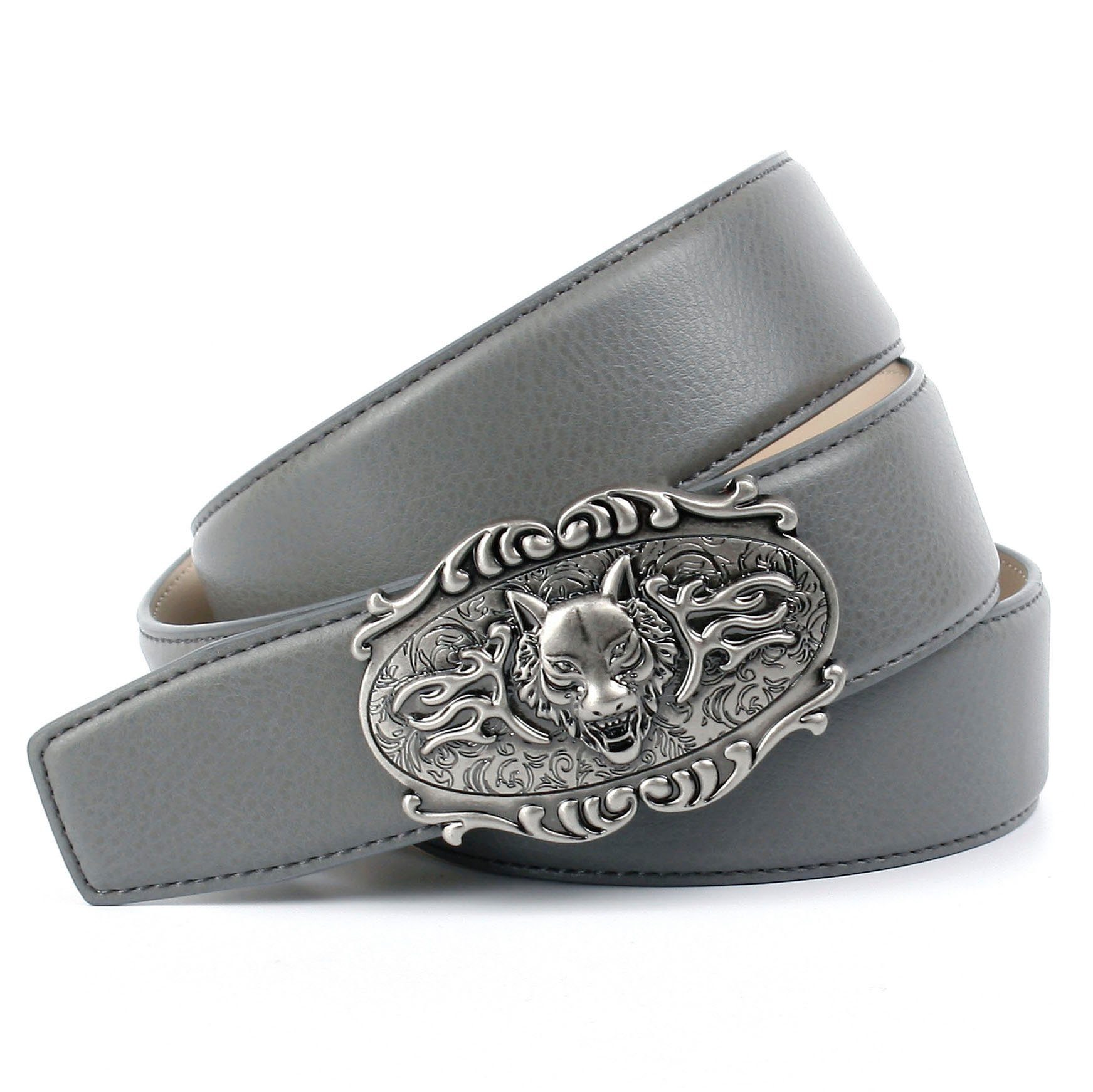 Anthoni Crown altsilberfarbener Ledergürtel mit Wolfkopf-Schließe