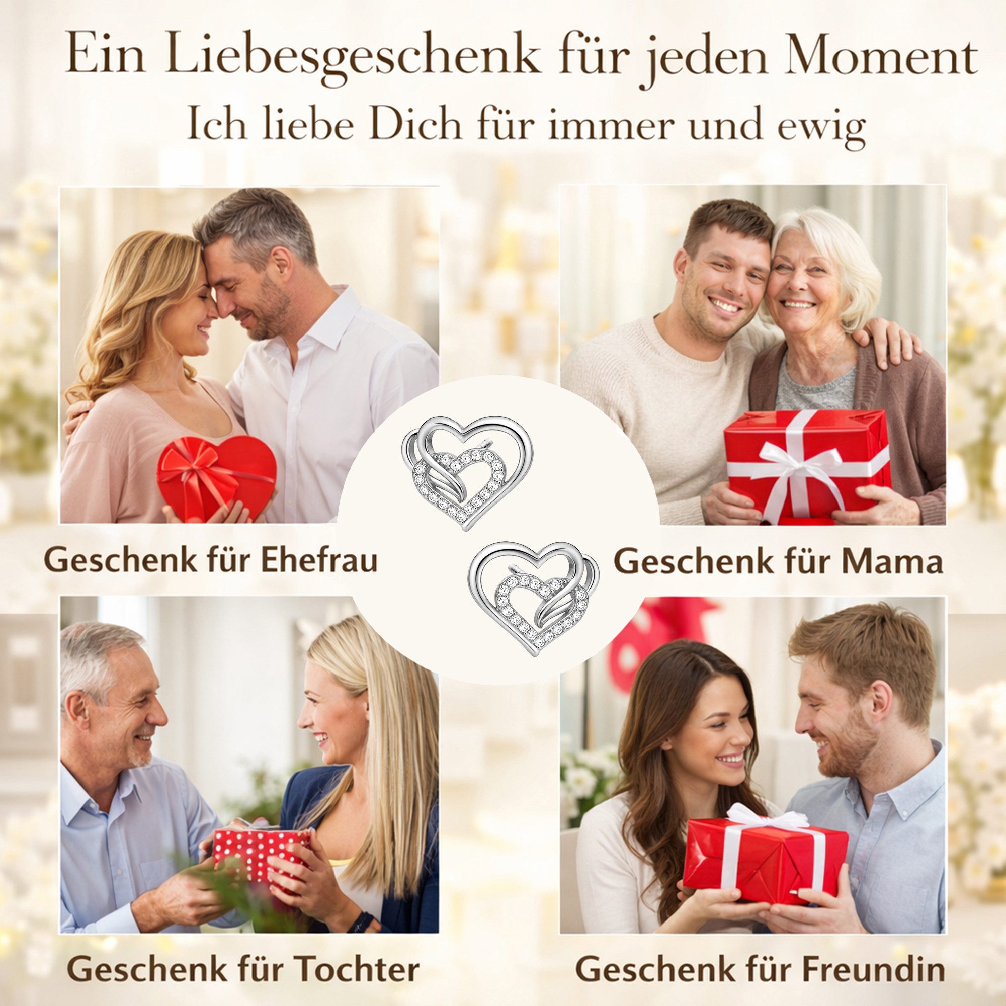 Limana Paar Ohrstecker mit Herz Damen Ohrringe 925 Silber vergoldet Zirkonia Geschenk (Freundin Frau Ehefrau Mama Schmuck inkl. Dose), Jahrestag Geburtstag Hoch – Bild 5 von 5