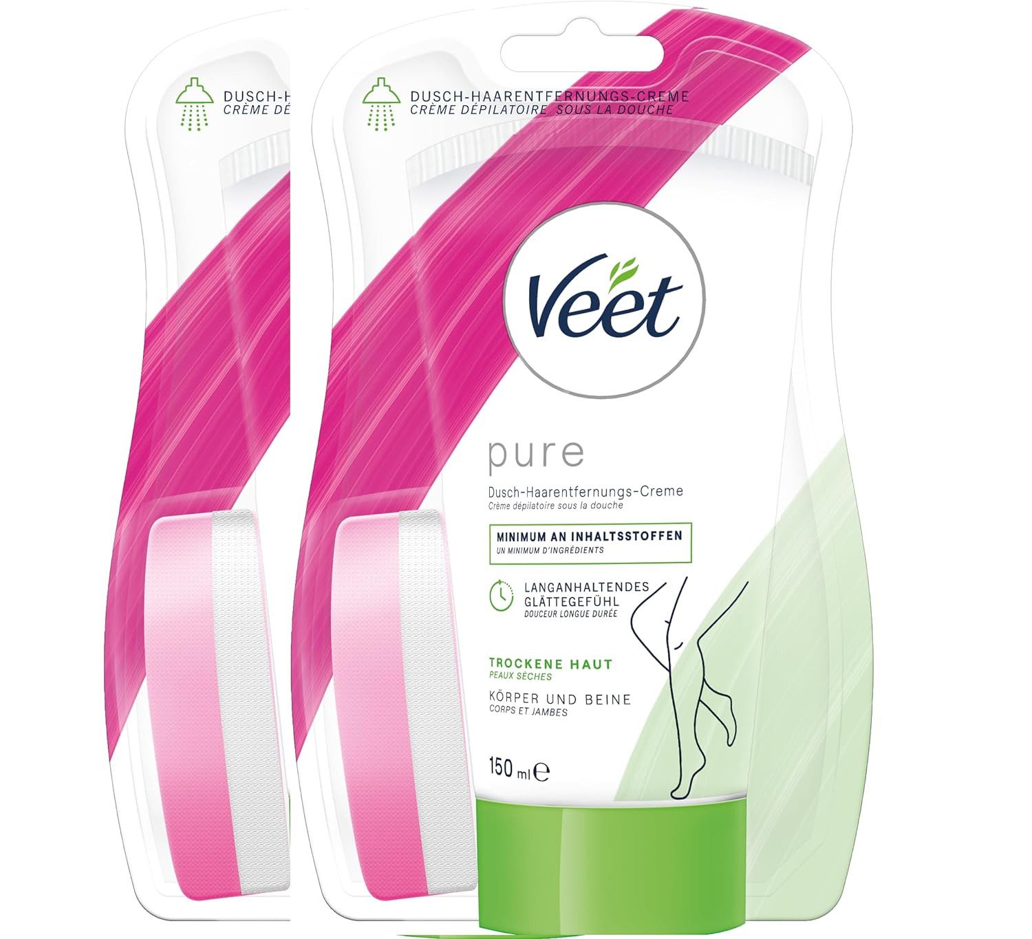 Veet Enthaarungscreme für Körper, Arme & Beine, Spar-Pack, 2 St., 2 x 150ml, bei trockener Haut für die Anwendung unter der Dusche