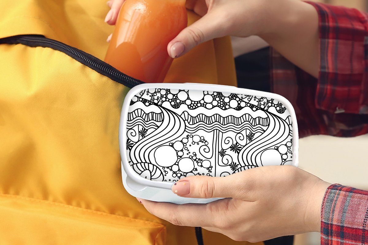 und Muster Mädchen Brotbox und - Weiß, für - Kinder und Jungs Abstrakt MuchoWow Brotdose, für (2-tlg), Linienkunst Lunchbox Erwachsene, Kunststoff, - Schwarz