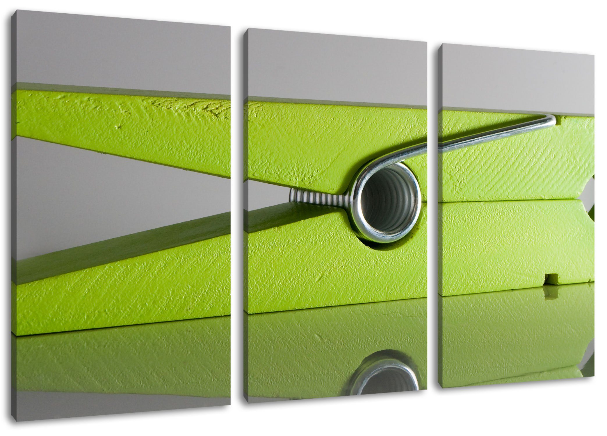 grüne Wäscheklammer grüne (120x80cm) 3Teiler Leinwandbild Pixxprint inkl. Zackenaufhänger (1 Wäscheklammer, fertig Leinwandbild bespannt, St),