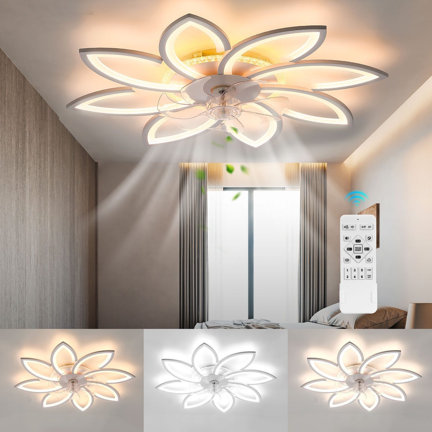 LETGOSPT Deckenleuchte Leise Deckenventilator mit Beleuchtung 85W Deckenlampe Mit Ventilator, LED fest integriert, Kaltweiß, Neutralweiß, Warmweiß, 6/8 Lichter Design Deckenventilatoren mit Fernbedienung Dimmbar
