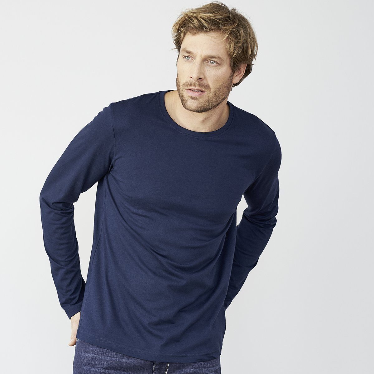 Hochwertiges Jersey aus feinem LIVING CRAFTS Langarm-Shirt Navy Langarmshirt FRANK Single