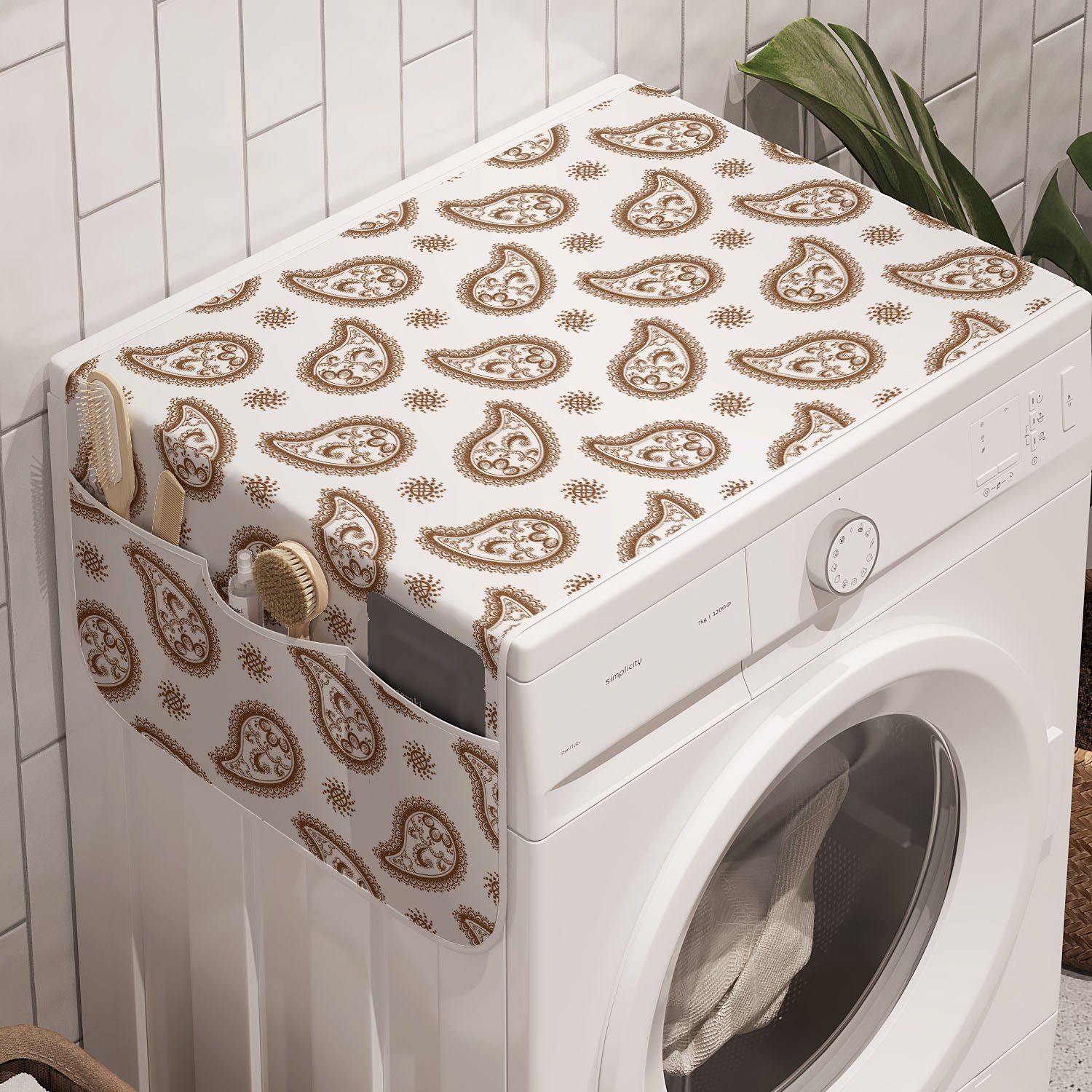 Abakuhaus Badorganizer Anti-Rutsch-Stoffabdeckung für Waschmaschine und Trockner, Brown Paisley Komplizierte Sun Damast