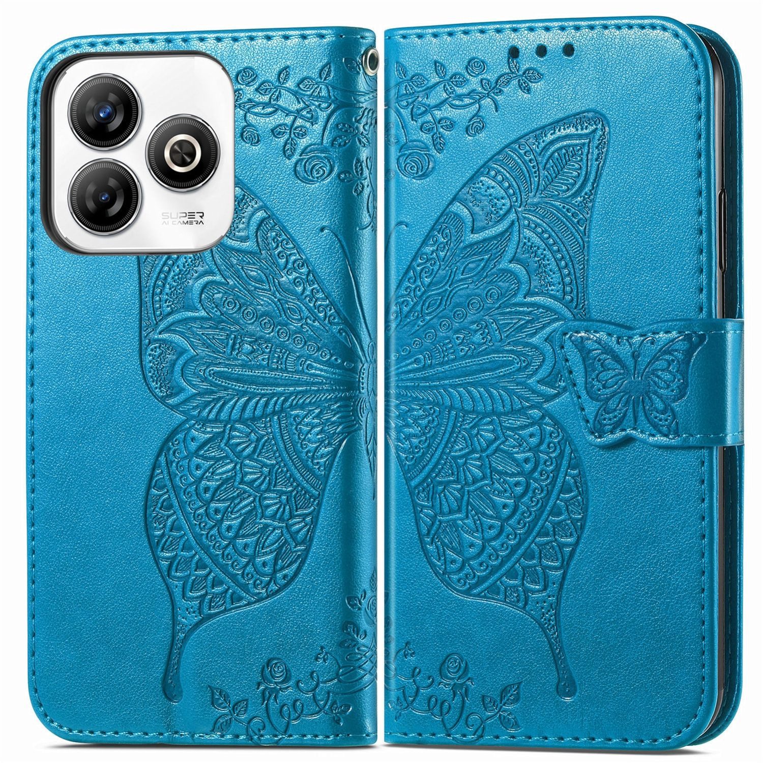 Wigento Smartphone-Hülle Für ZTE Blade A75 4G Kunstleder Schmetterling Wallet Hülle Tasche Blau, Kunst-Leder Schutzhülle Smart Case Cover magnetischer Verschluss