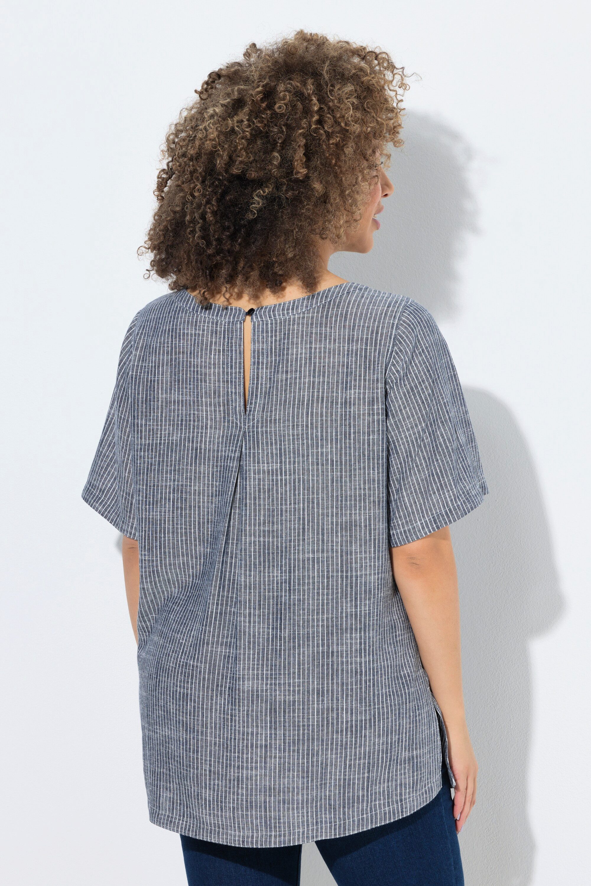 Ulla Popken Longbluse Bluse Leinenmix Streifen Rundhals Halbarm