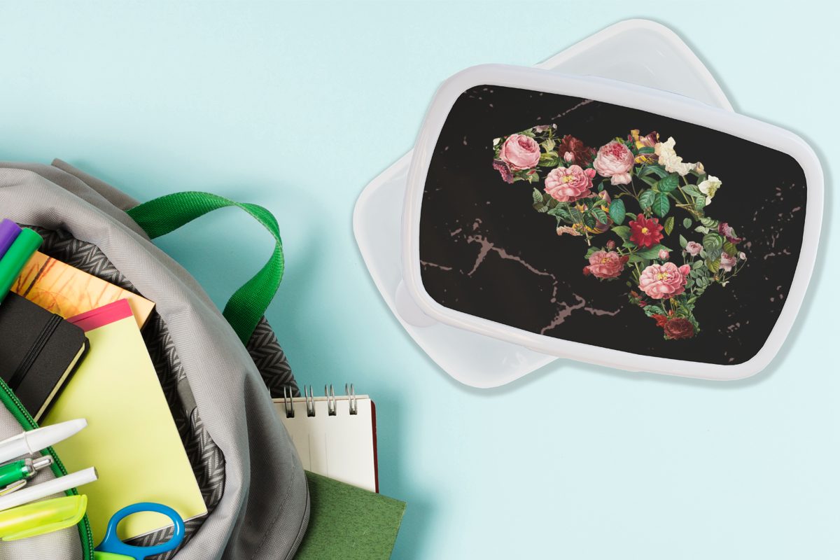 - und und Mädchen Kinder Kunststoff, Jungs Erwachsene, Karte Lunchbox Belgien Blumen, MuchoWow für Brotdose, Brotbox (2-tlg), weiß für -