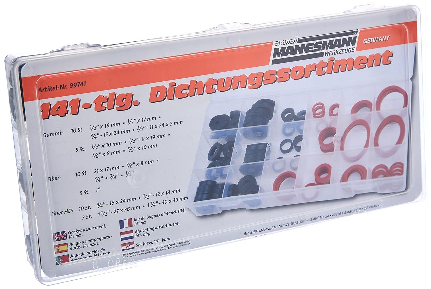 Brüder Mannesmann Werkzeuge Dichtungsring Dichtungssortiment, 141-teilig, M99741, Gummi Unterlegscheiben (Sparset 141 teiliges Dichtungsringe Sortiment, 141-St., 141 Teile, die übersichtlich in 18 verschiedene Fachgrößen), 141 Teile Dichtungsringe 18 Größen